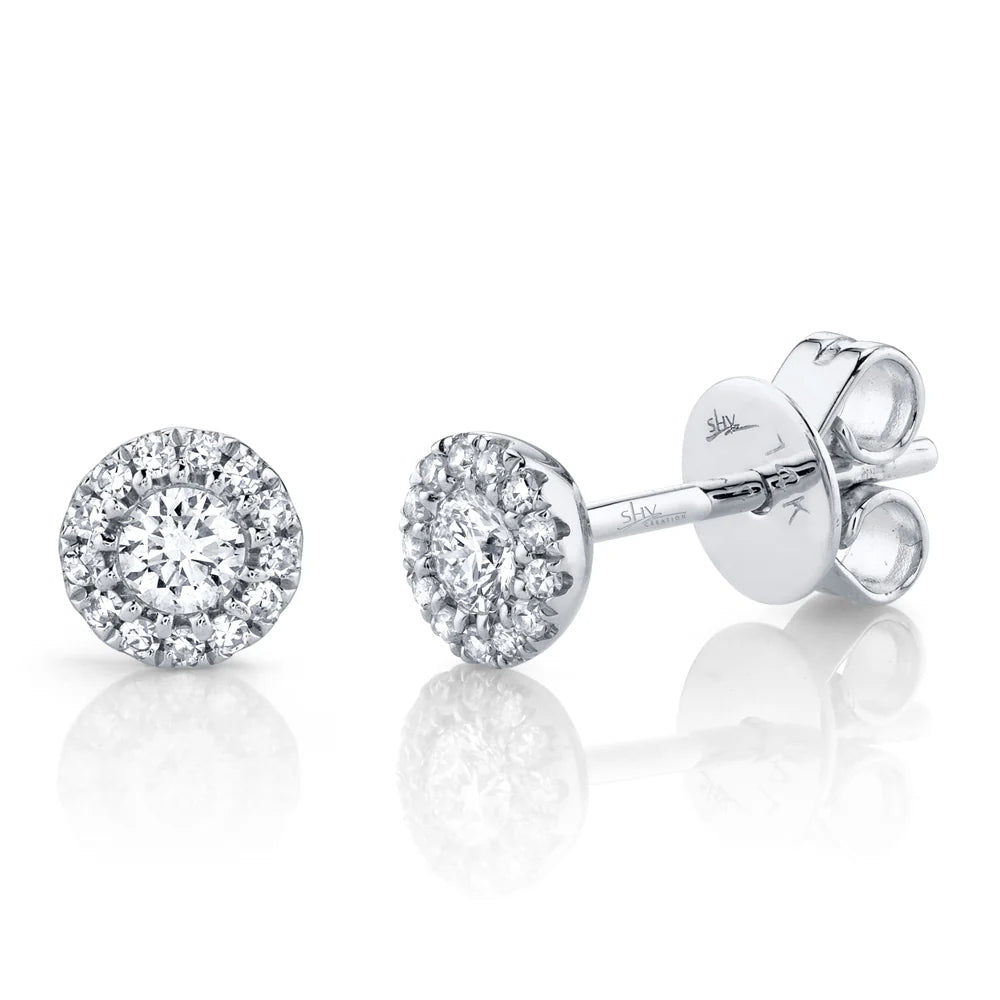 14kt White Gold Diamond Halo Studs Earrings Shy Creation