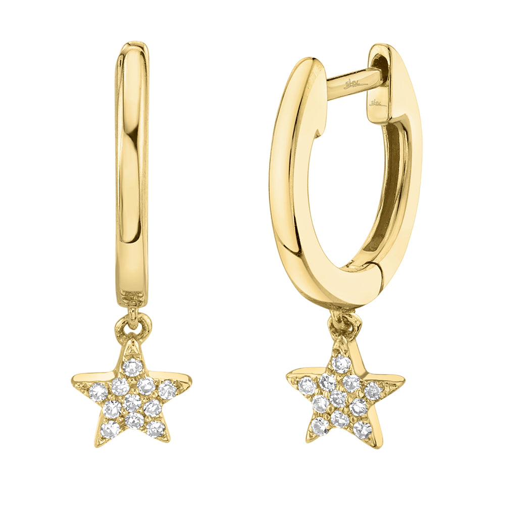 Yellow Gold Pave Diamond Star Dangle Hoop Earrings Earrings Gift Giving
