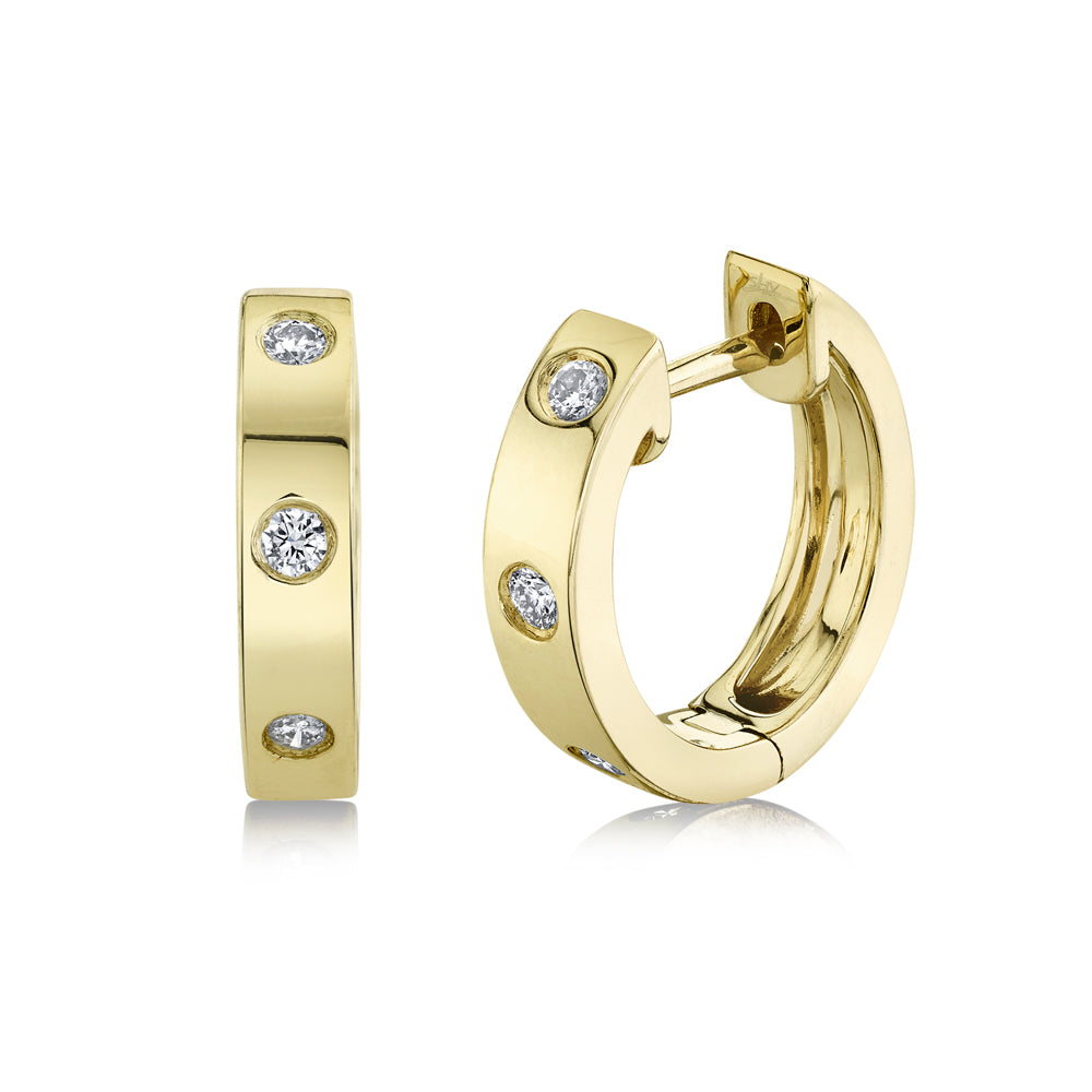 14kt Yellow Gold Diamond Burnish Set Huggie Earrings Earrings Shy Creation