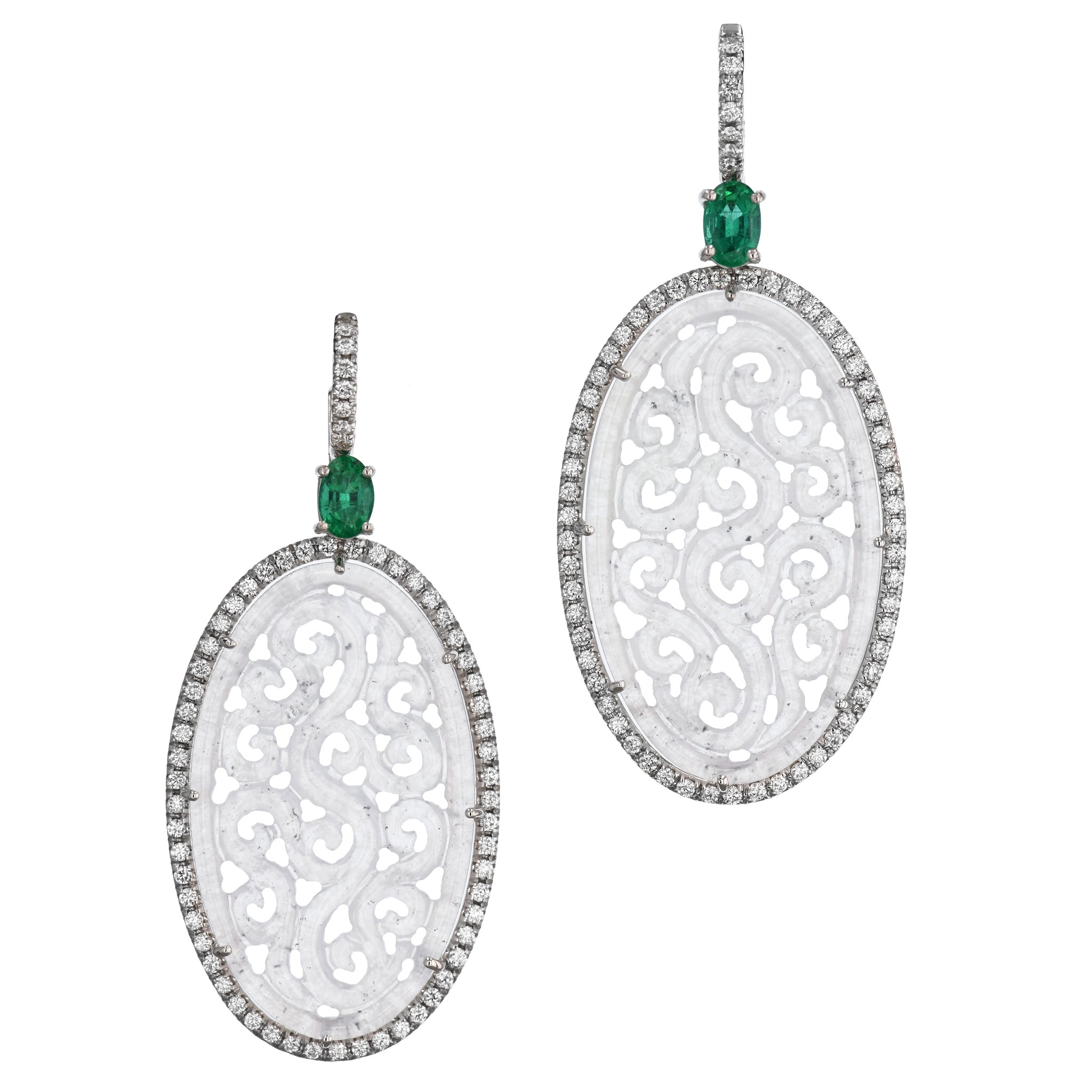 Icy Jadeite and Zambian Emerald White Gold Drop Earrings Earrings H&amp;H Jewels