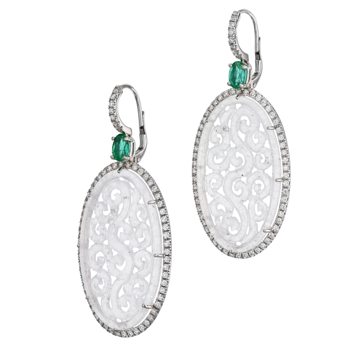 Icy Jadeite and Zambian Emerald White Gold Drop Earrings - Alternate View 1