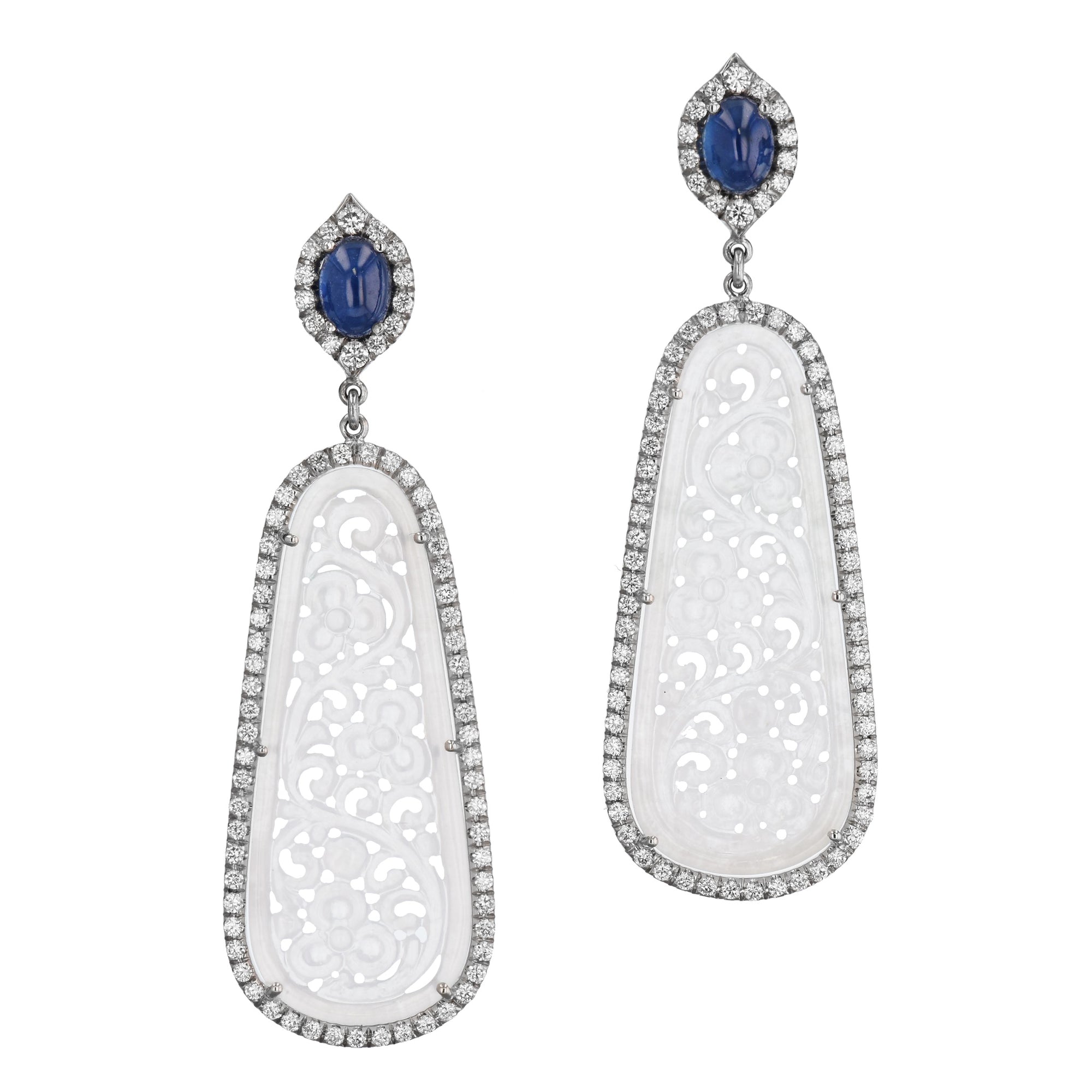 Icy Jadeite and Blue Sapphire White Gold Drop Earrings Earrings H&amp;H Jewels