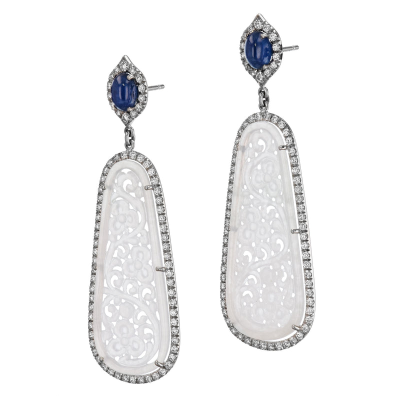 Icy Jadeite and Blue Sapphire White Gold Drop Earrings Earrings H&H Jewels