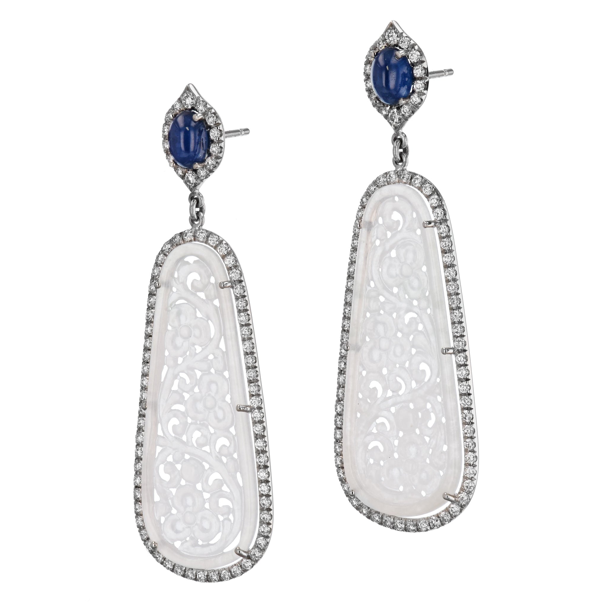 Icy Jadeite and Blue Sapphire White Gold Drop Earrings Earrings H&amp;H Jewels