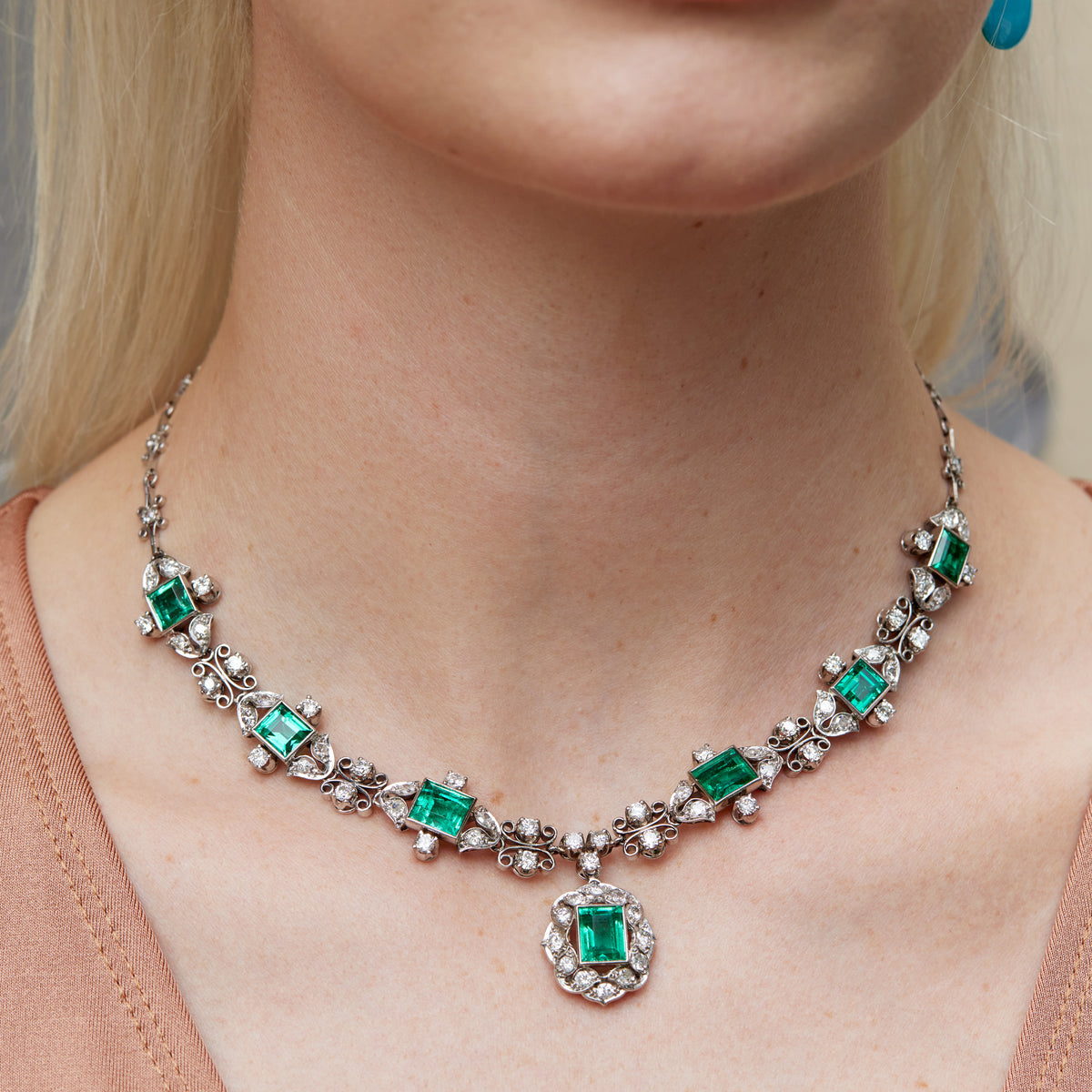 Rare Emerald and Old European Cut Diamond Necklace