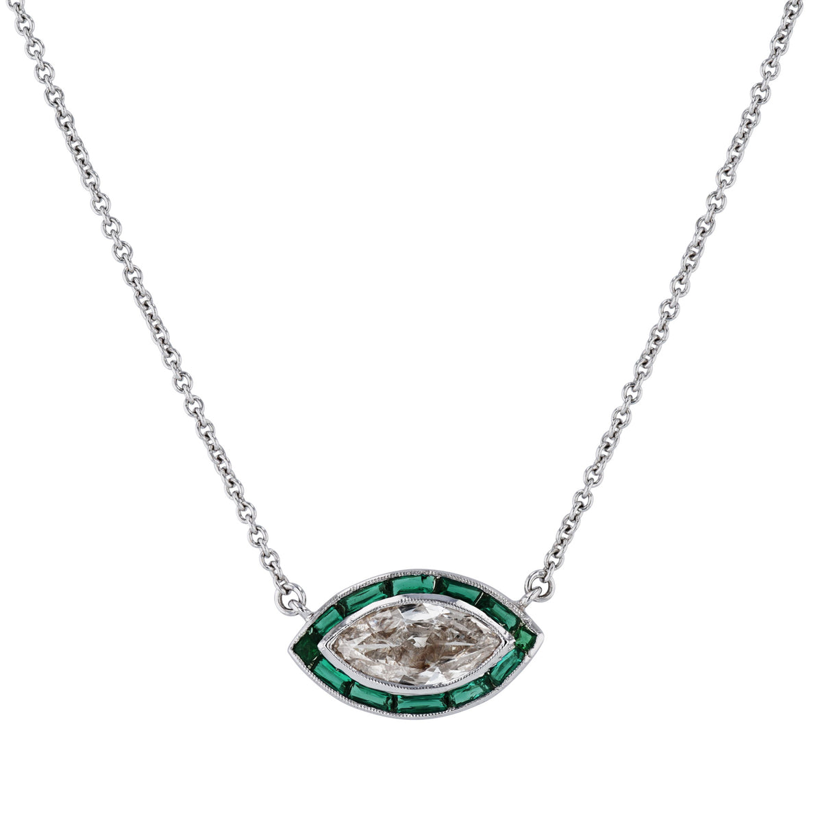 Marquise Cut Diamond and Emerald Estate Pendant Necklace Necklaces Estate & Vintage