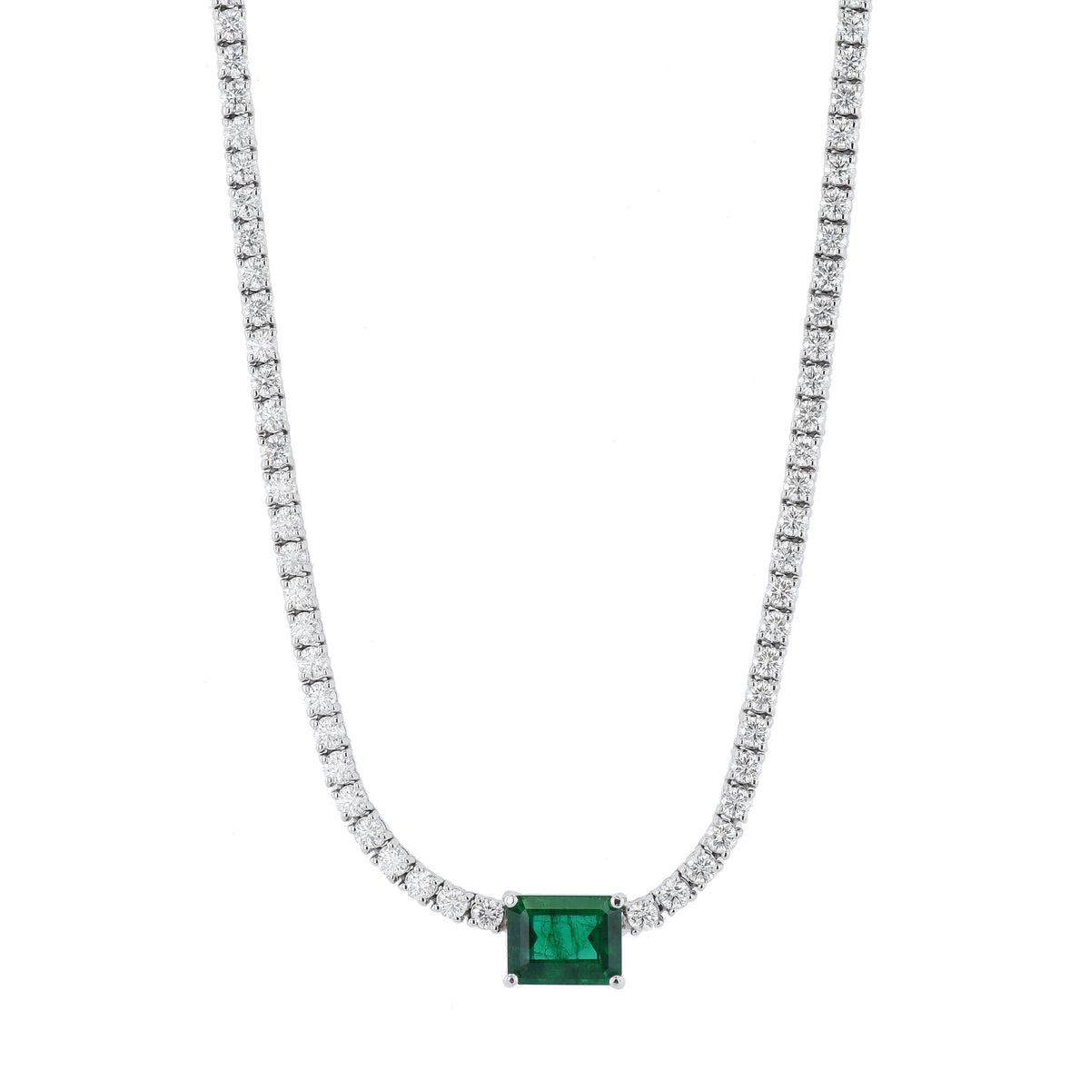 Emerald Cut Zambian Emerald Diamond Tennis Necklace - Alternate View 1