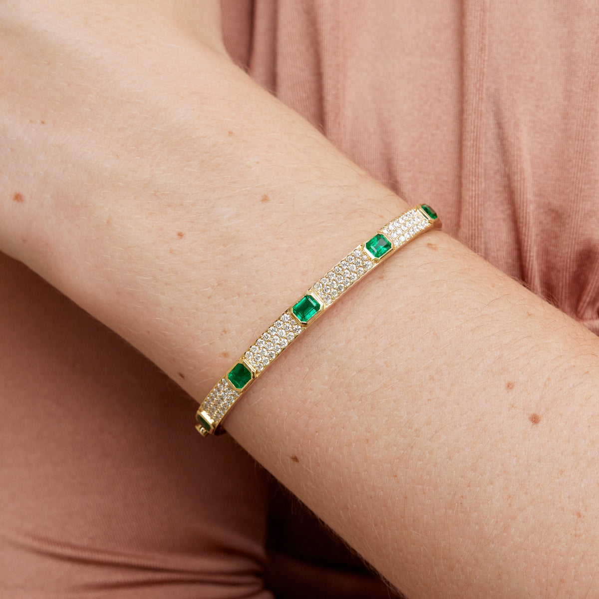 Emerald and Diamond Pave Yellow Gold Bracelet - Alternate View 2