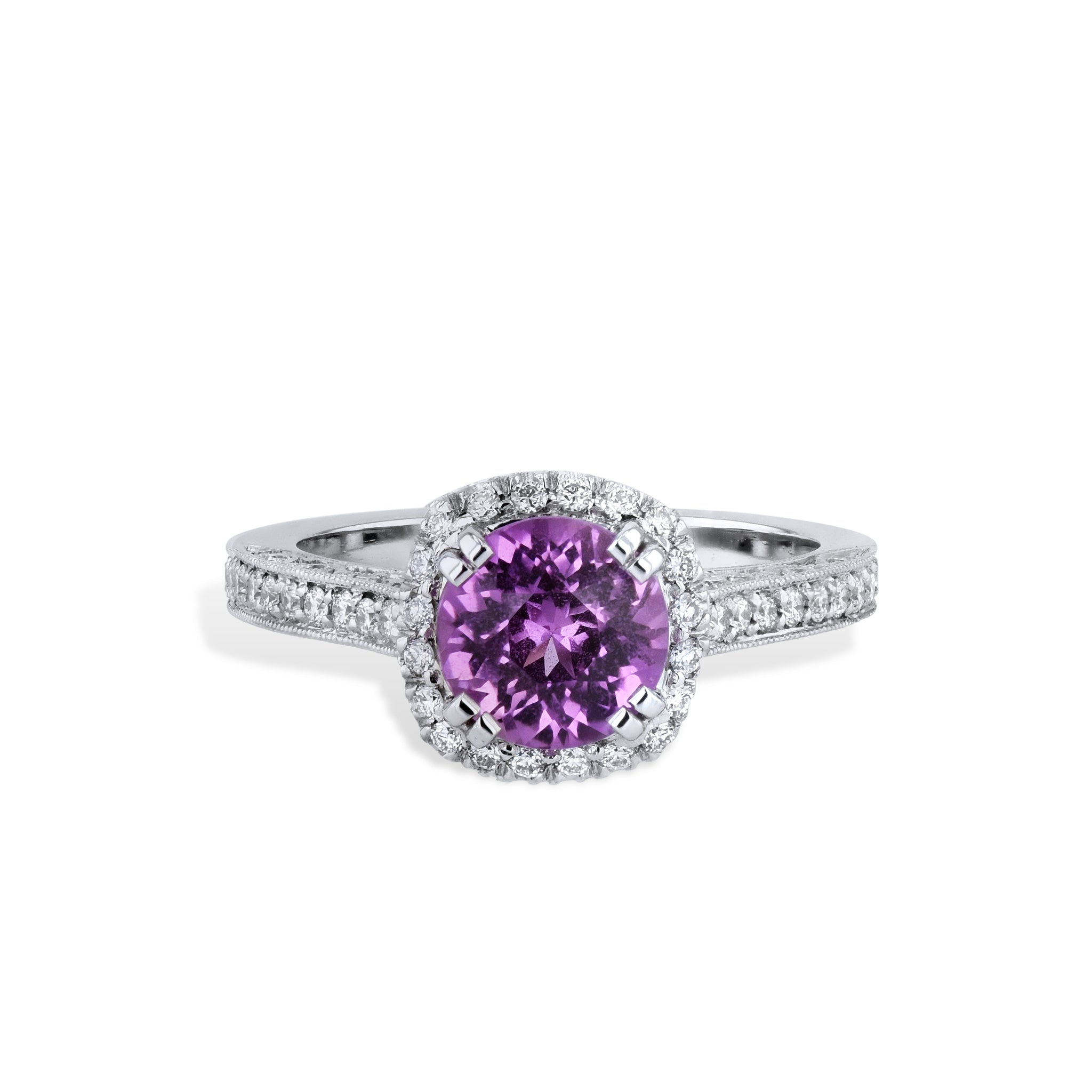 Intense Pink Sapphire Pave Diamond Platinum Ring Rings H&amp;H Jewels