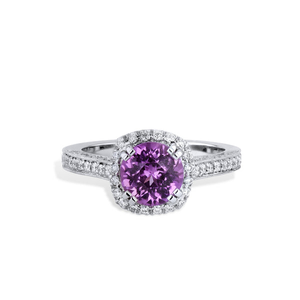 Intense Pink Sapphire Pave Diamond Platinum Ring Rings H&H Jewels