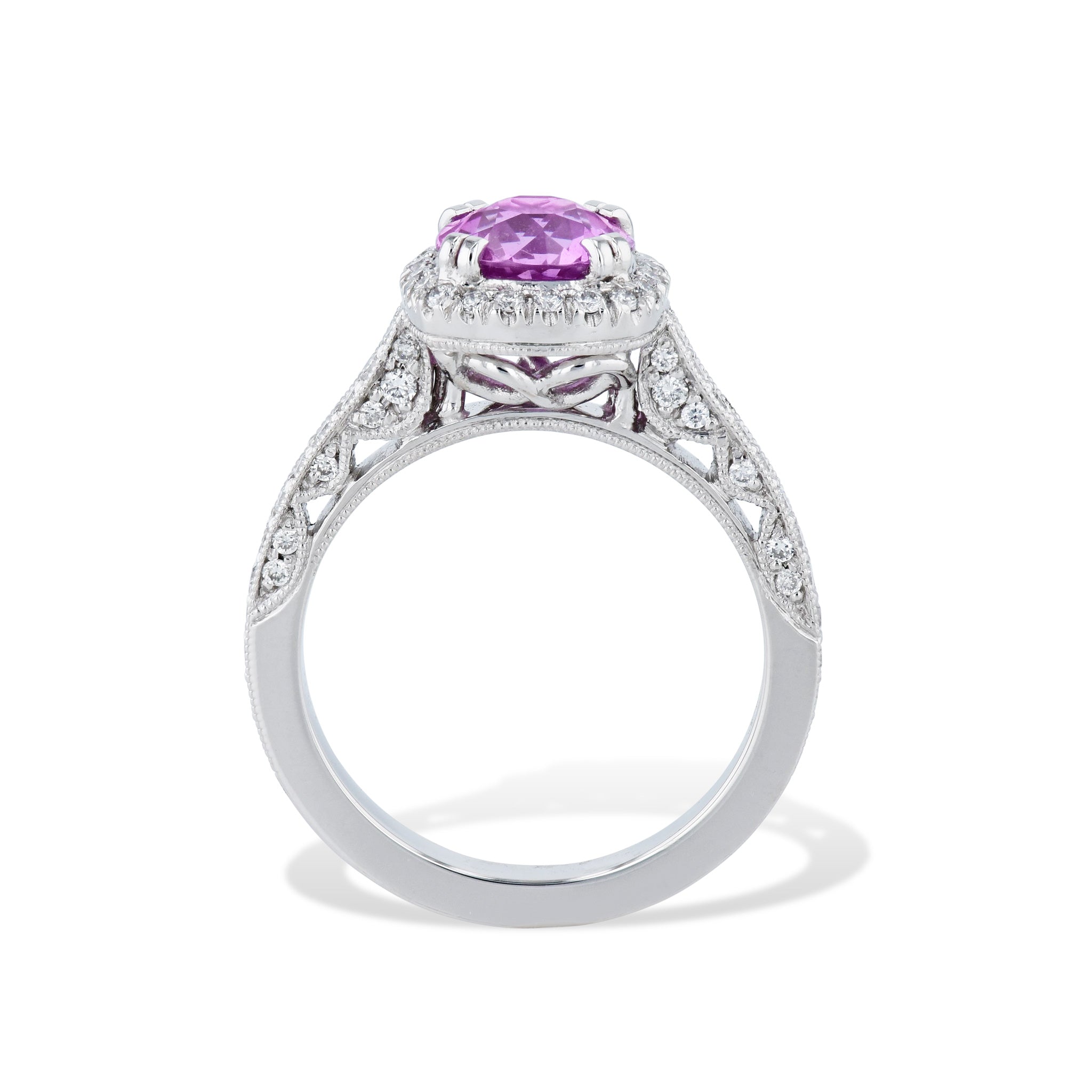 Intense Pink Sapphire Pave Diamond Platinum Ring Rings H&amp;H Jewels