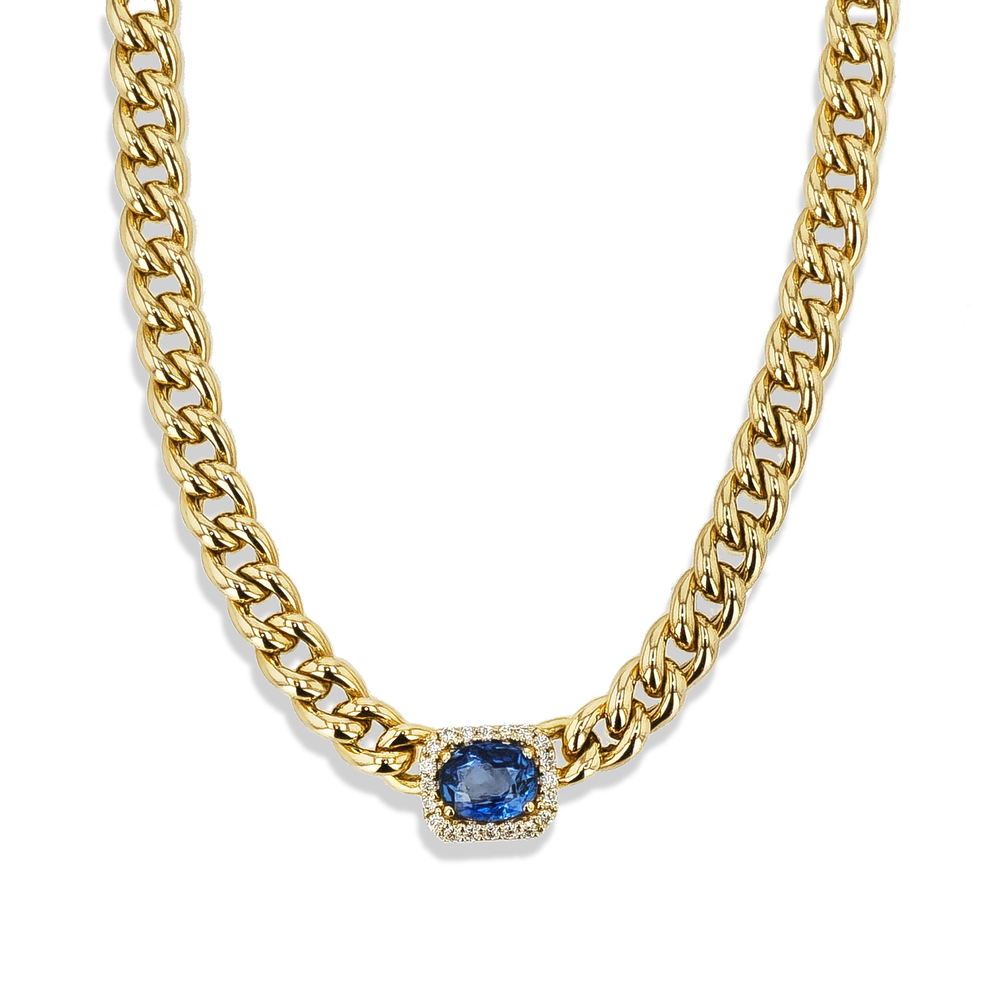 Oval Sapphire Diamond Pave 18k Yellow Gold Necklace Necklaces Curated by H