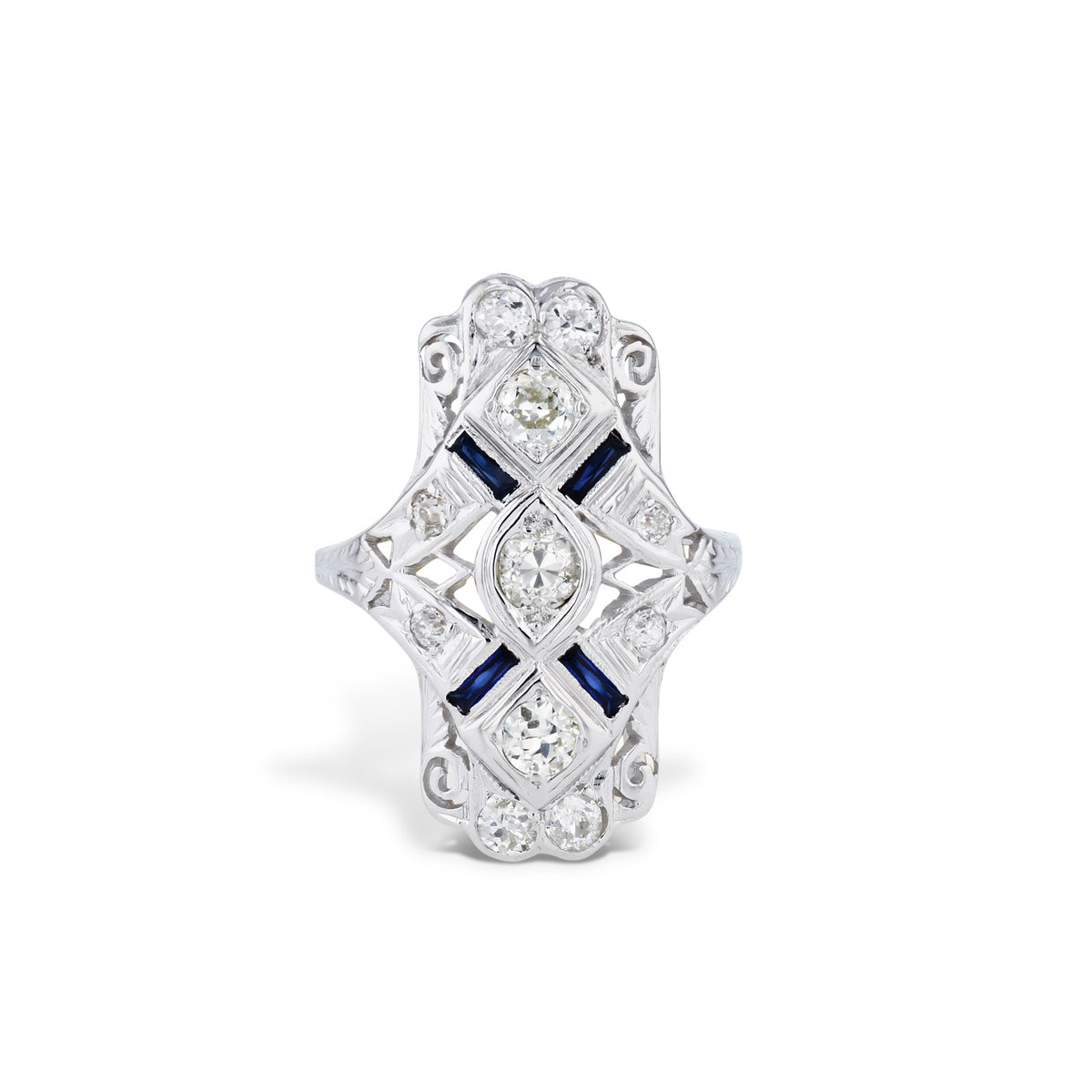 Old European Cut Diamond and White Gold Estate Panel Ring Rings Estate & Vintage