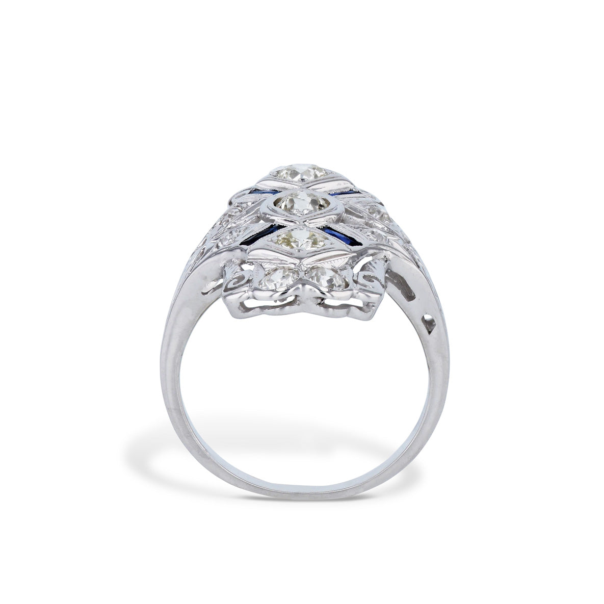 Old European Cut Diamond and White Gold Estate Panel Ring - Alternate View 1