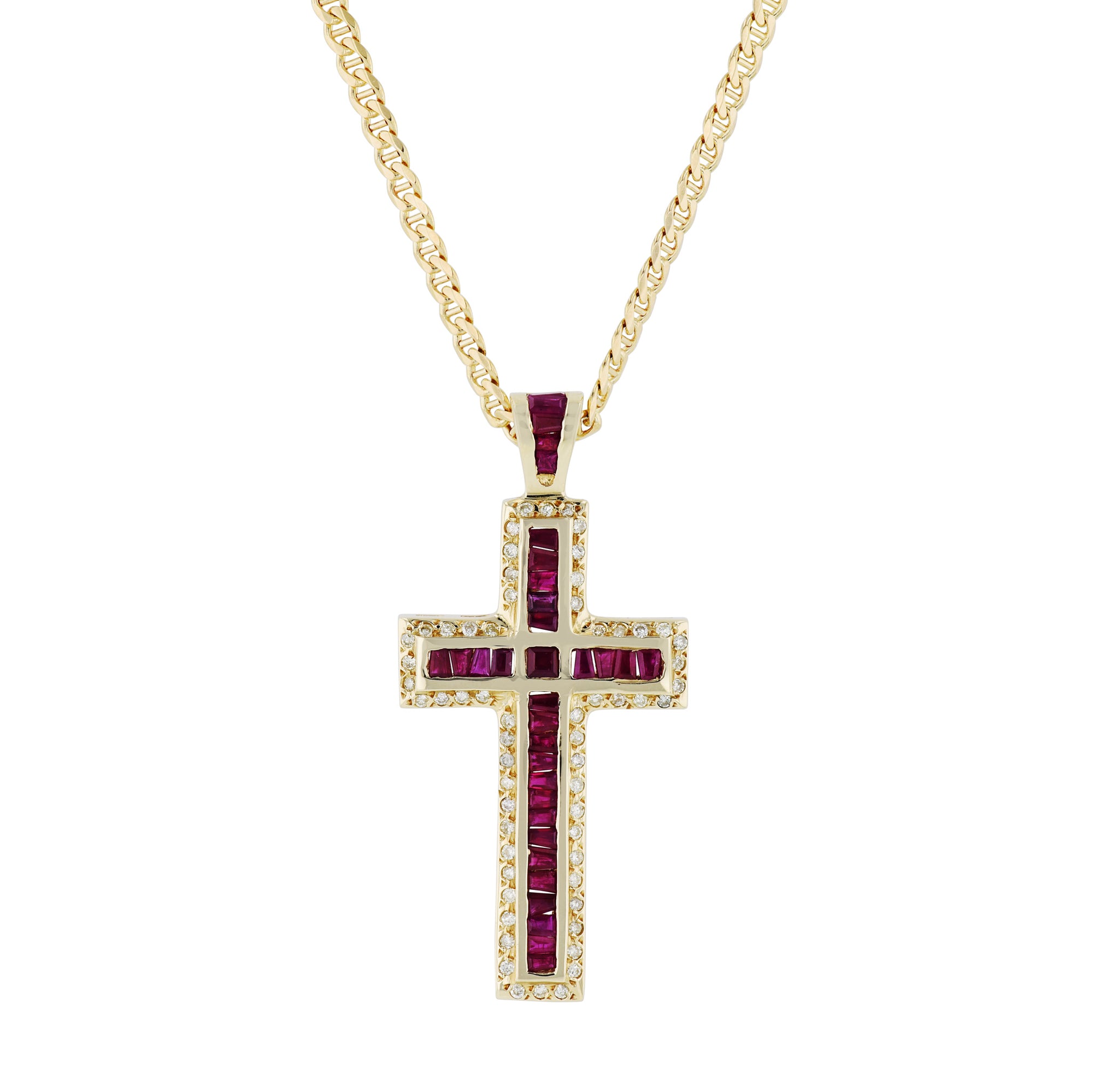 Ruby and Diamond Yellow Gold Cross Pendant Estate Necklace Necklaces Estate &amp; Vintage