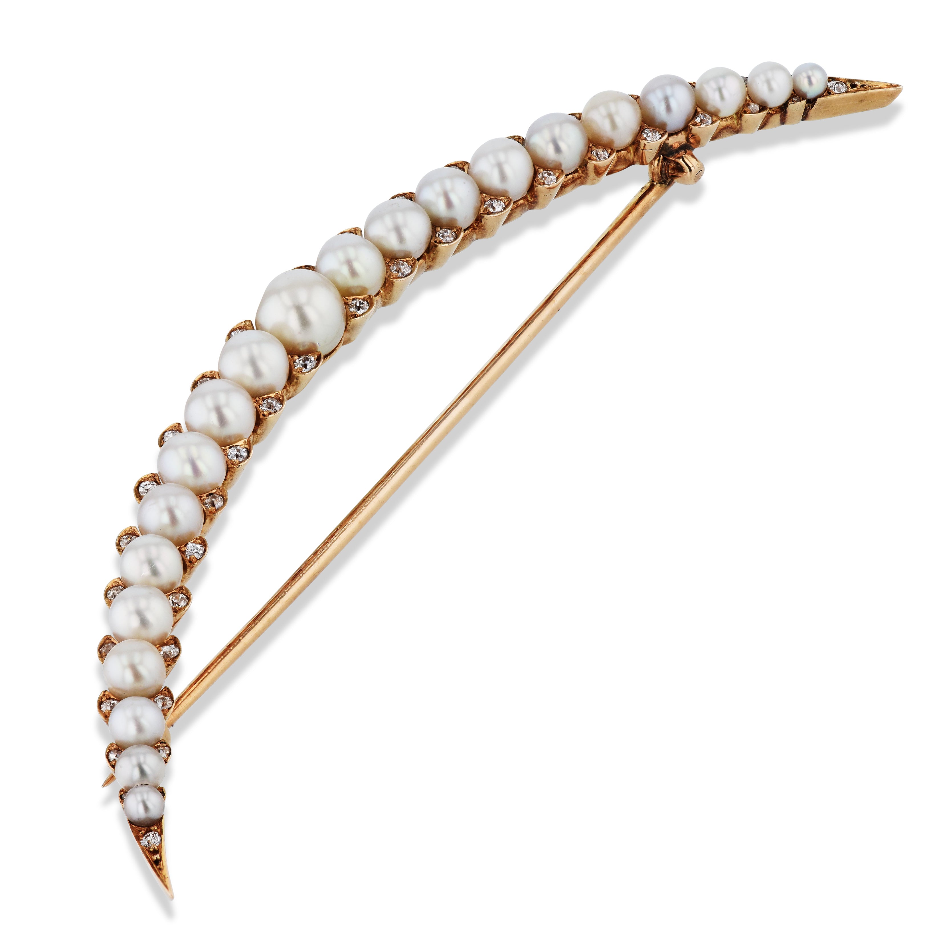 14kt Yellow Gold Pearl and Diamond Crescent Moon Estate Pin Brooches Estate &amp; Vintage
