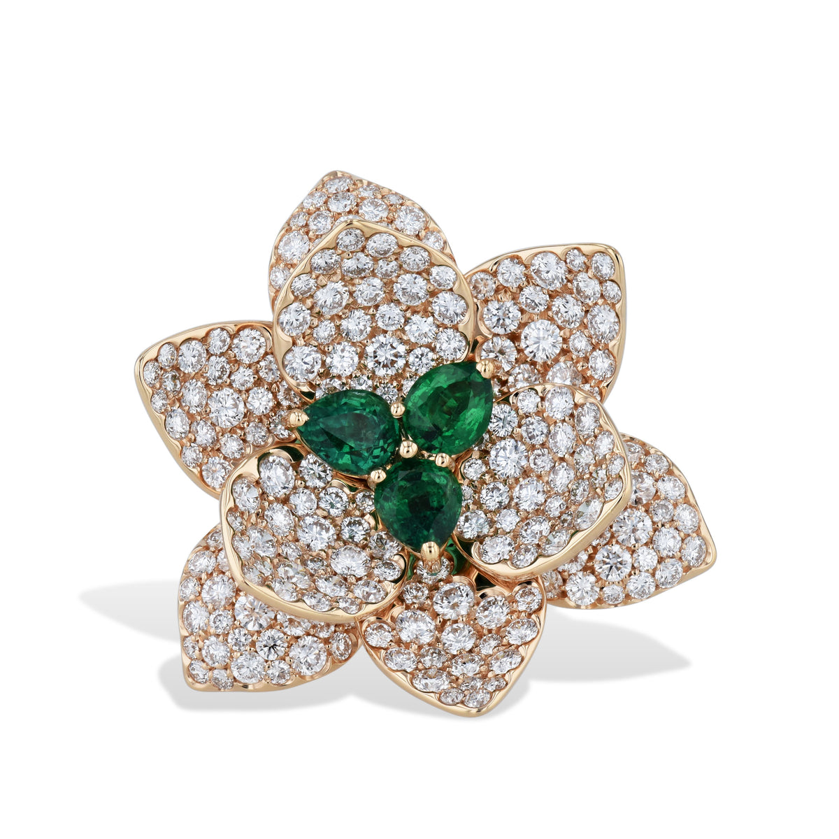 Rose Gold Diamond and Emerald Flower Ring
