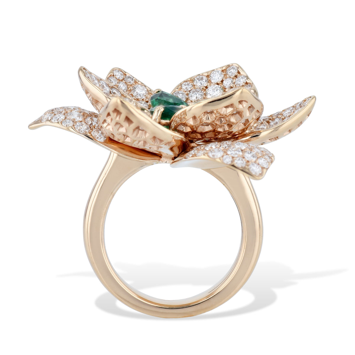 Rose Gold Diamond and Emerald Flower Ring