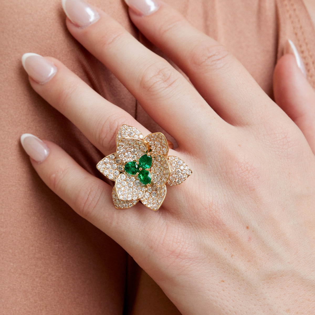Rose Gold Diamond and Emerald Flower Ring