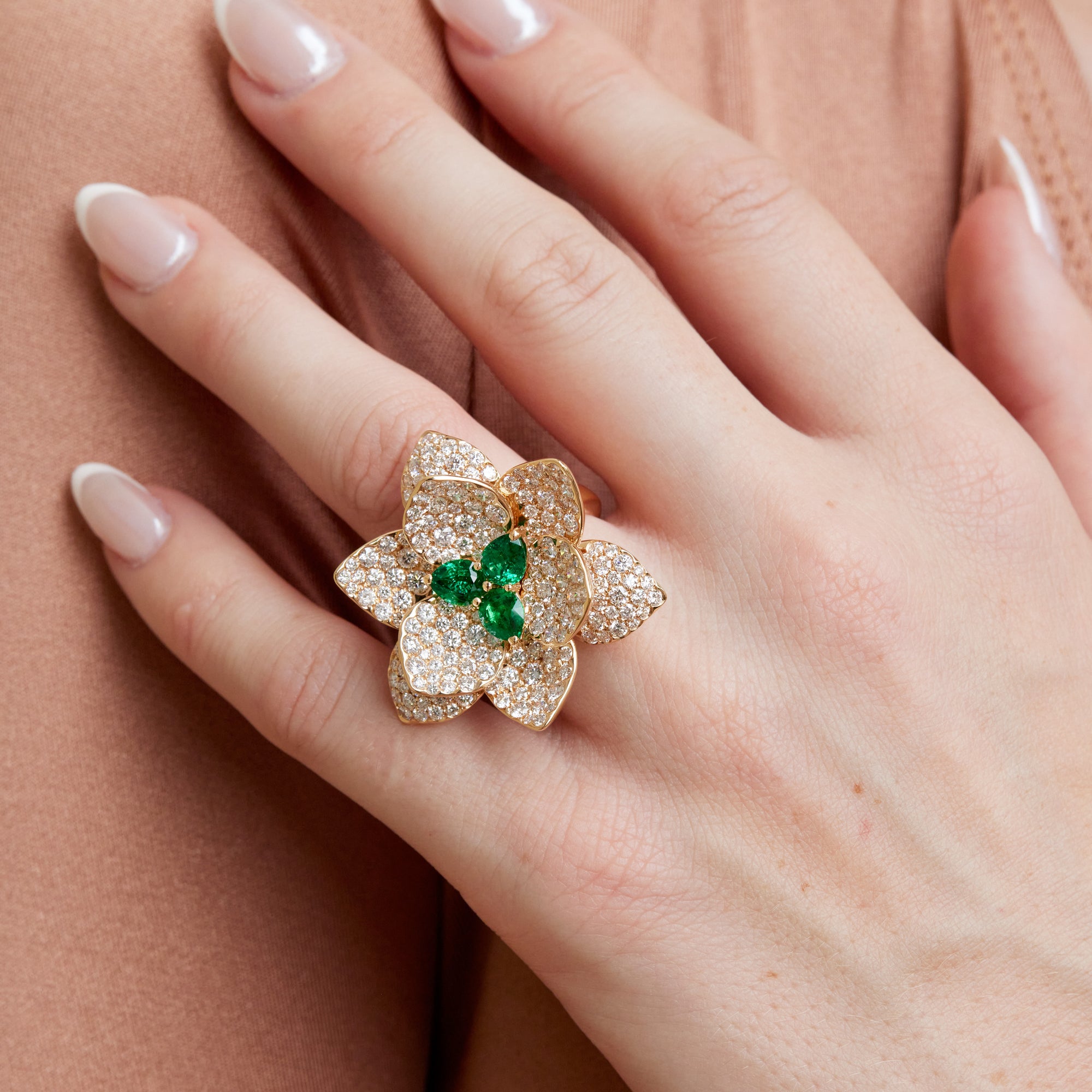 Rose Gold Diamond and Emerald Flower Ring Rings Curated by H