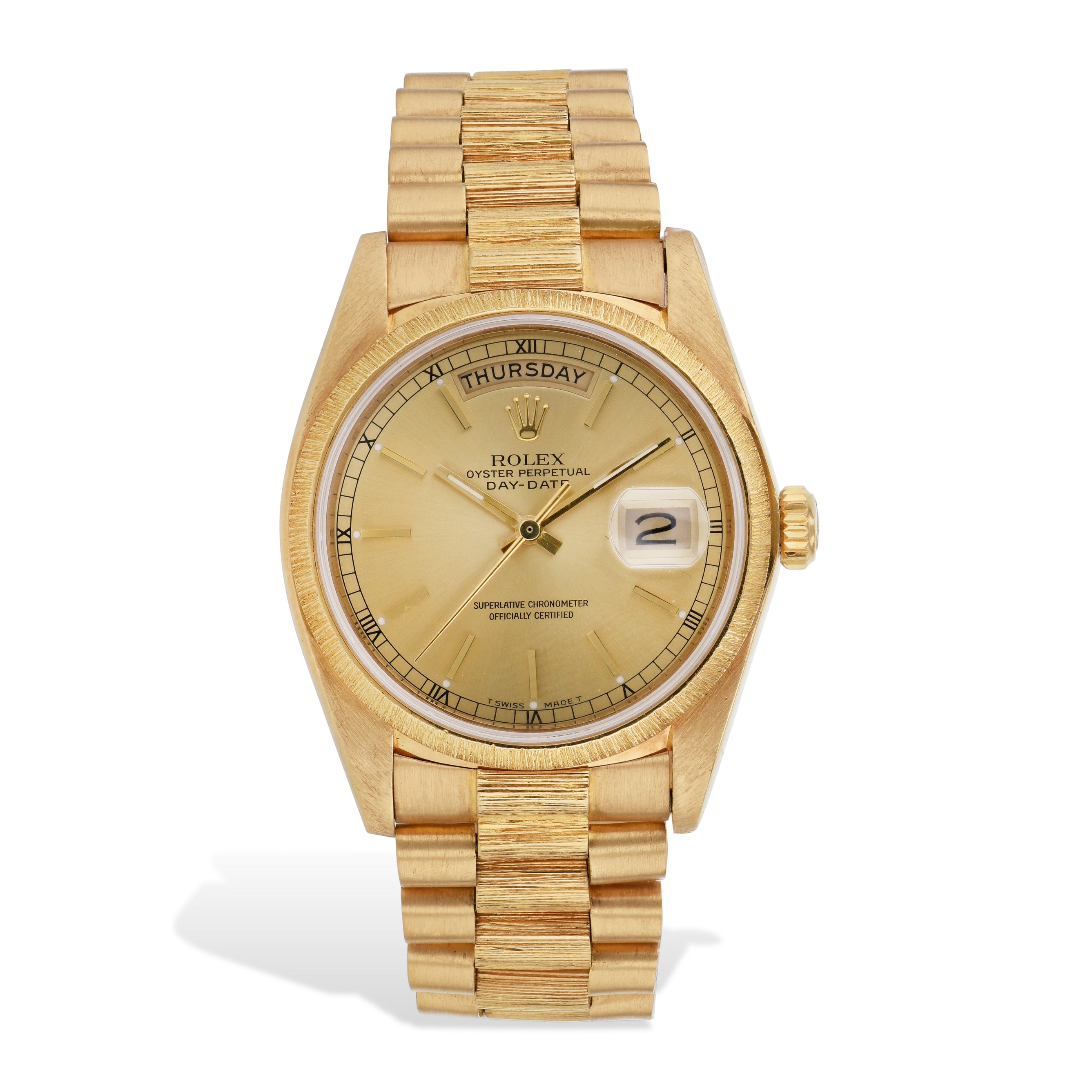 Rolex Day-Date 36mm 18K Yellow Gold Barked Bezel Estate Watch - 18078 Watches Estate &amp; Vintage