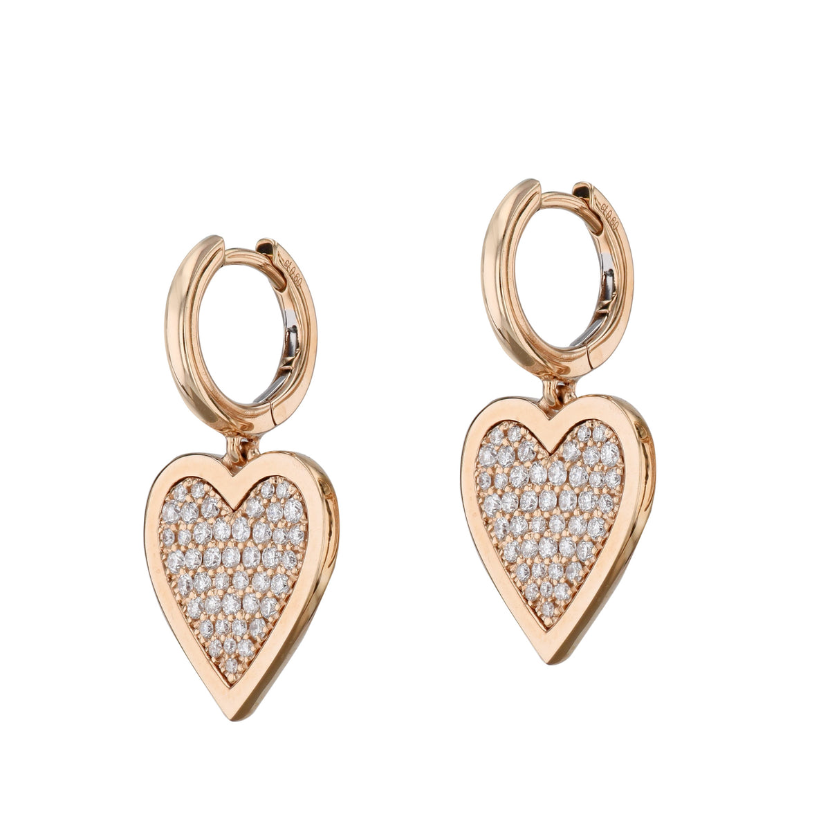 Pave Diamond Heart Rose Gold Hoop Earrings - Alternate View 1