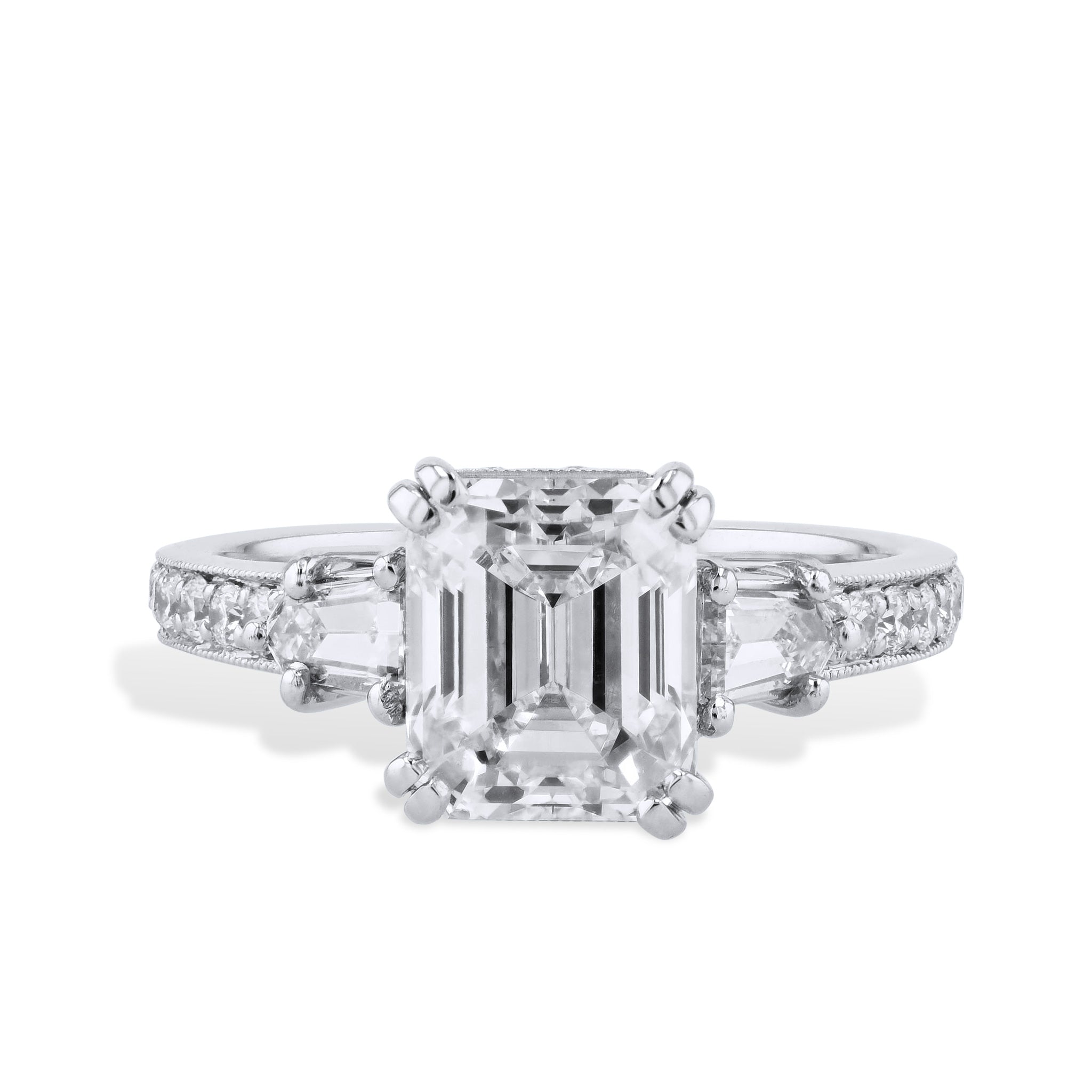 3.02 Carat Emerald Cut Diamond Platinum Engagement Ring Rings H&amp;H Jewels
