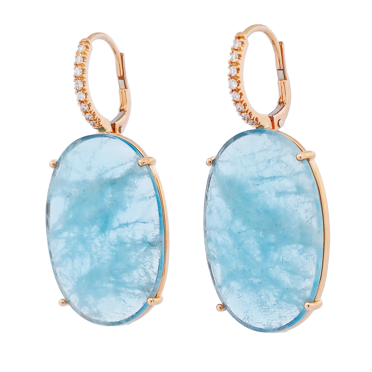 Aquamarine Cabochon Rose Gold Diamond Pave Drop Earrings - Alternate View 1
