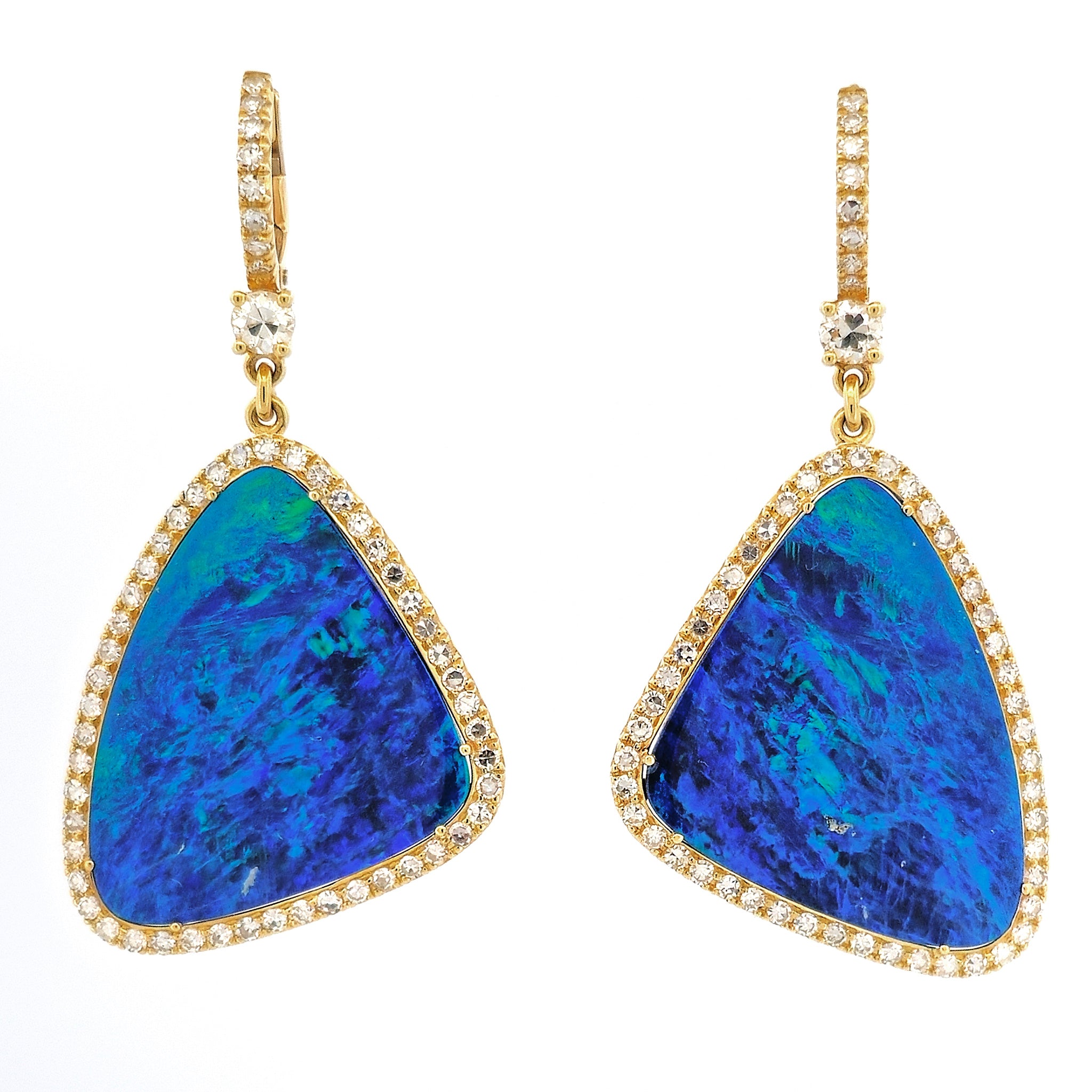 Boulder Opal Yellow Gold Diamond Pave Drop Earrings Earrings H&amp;H Jewels