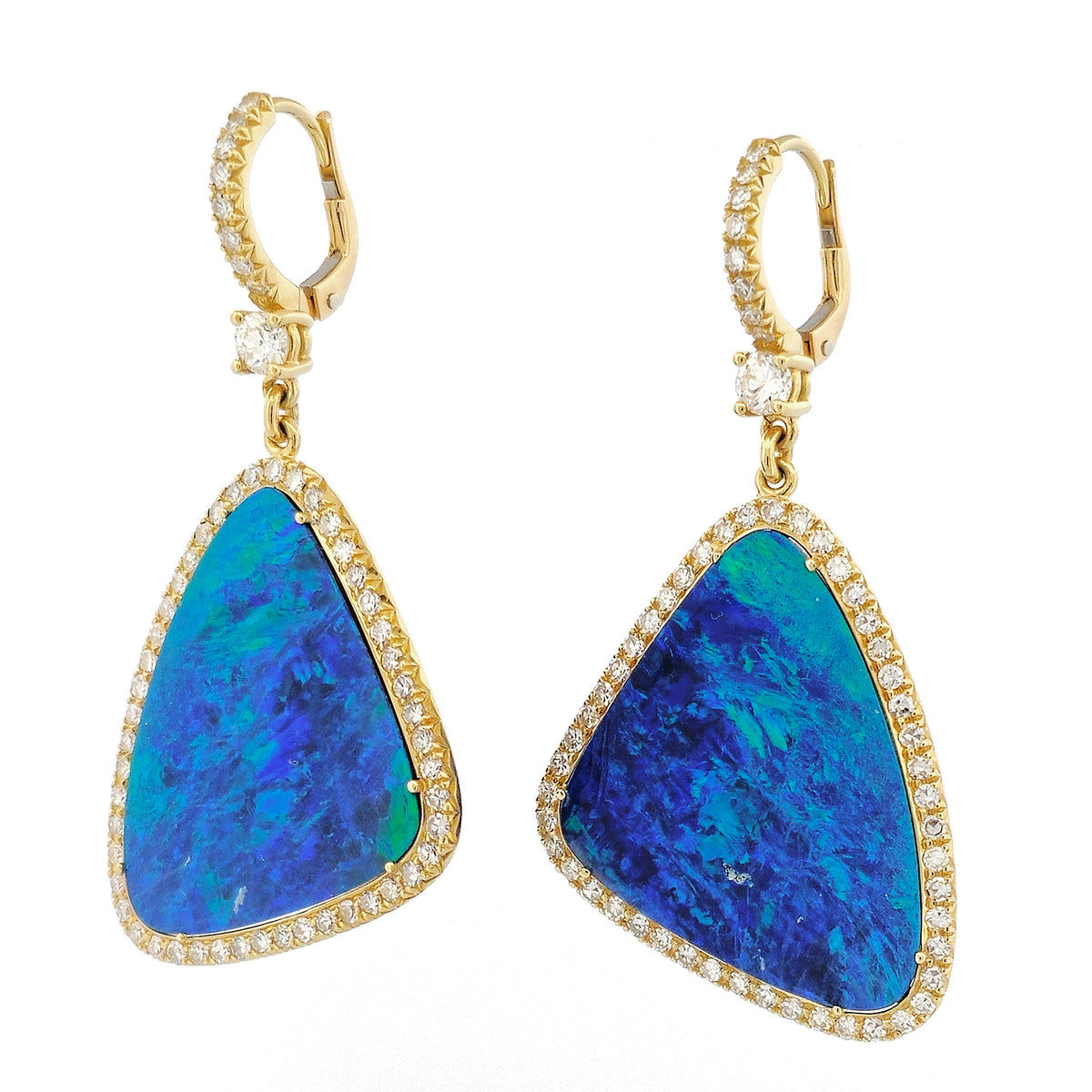 Boulder Opal Yellow Gold Diamond Pave Drop Earrings - Alternate View 1