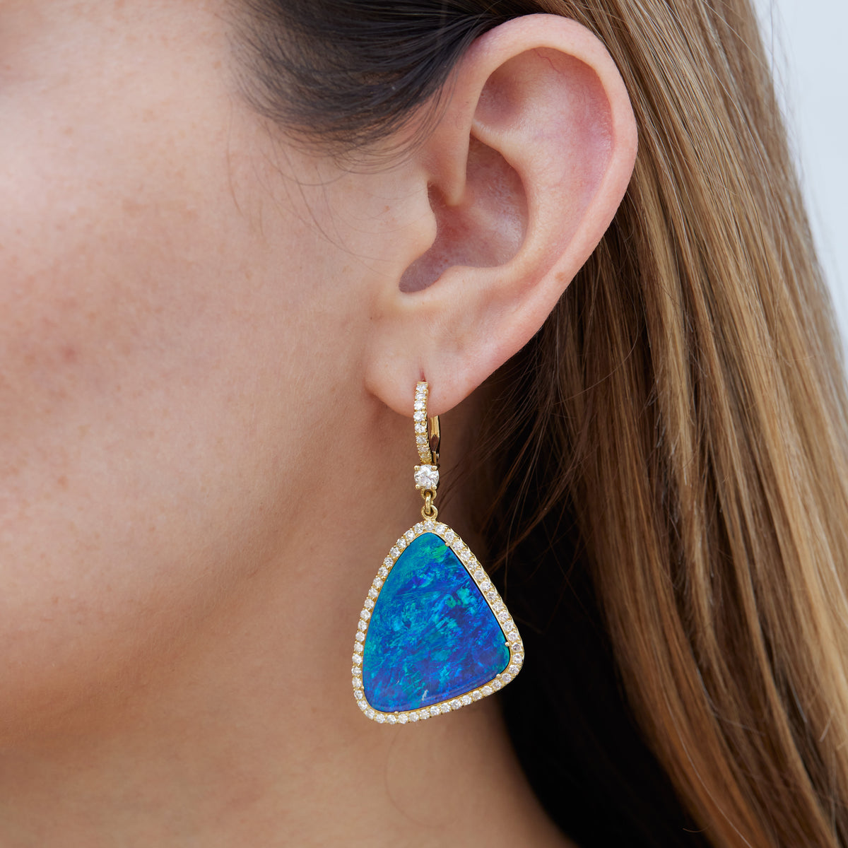 Boulder Opal Yellow Gold Diamond Pave Drop Earrings - Alternate View 2