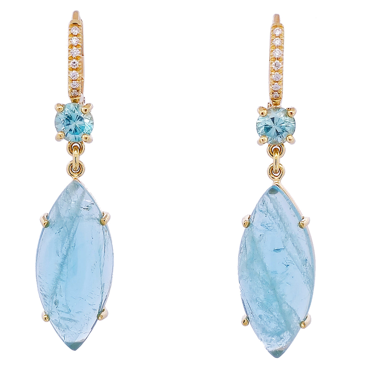 Aquamarine Cabochon and Blue Zircon Yellow Gold Diamond Pave Drop Earrings Earrings H&H Jewels