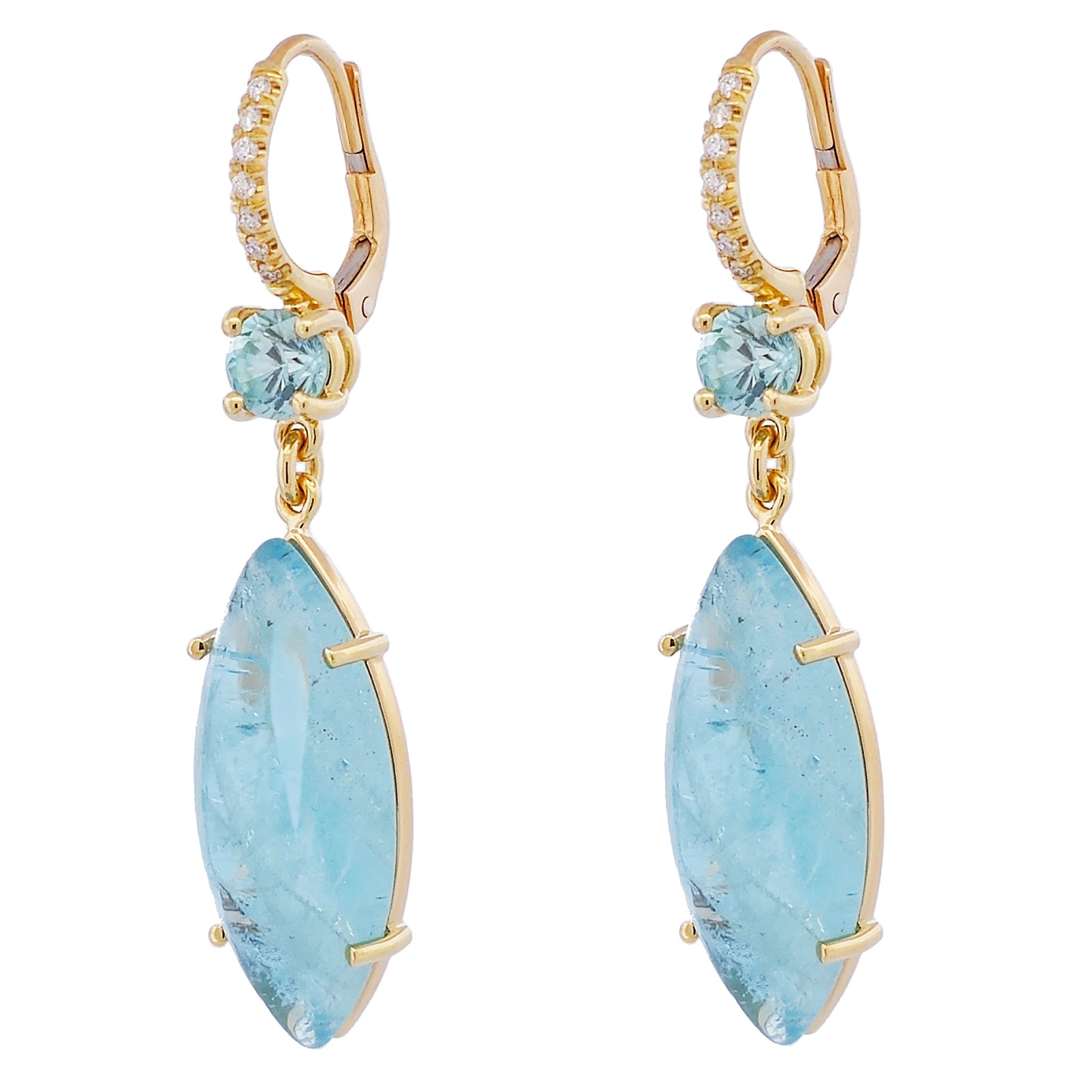 Aquamarine Cabochon and Blue Zircon Yellow Gold Diamond Pave Drop Earrings Earrings H&amp;H Jewels