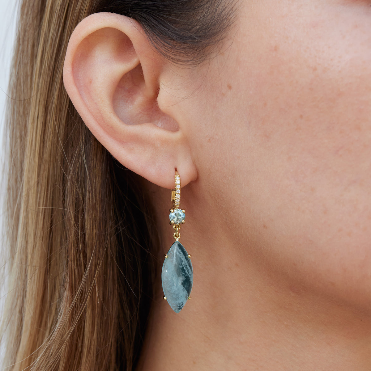 Aquamarine Cabochon and Blue Zircon Yellow Gold Diamond Pave Drop Earrings - Alternate View 2