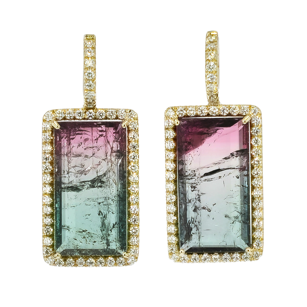 Bi-Color Tourmaline Yellow Gold Diamond Pave Drop Earrings Earrings H&H Jewels