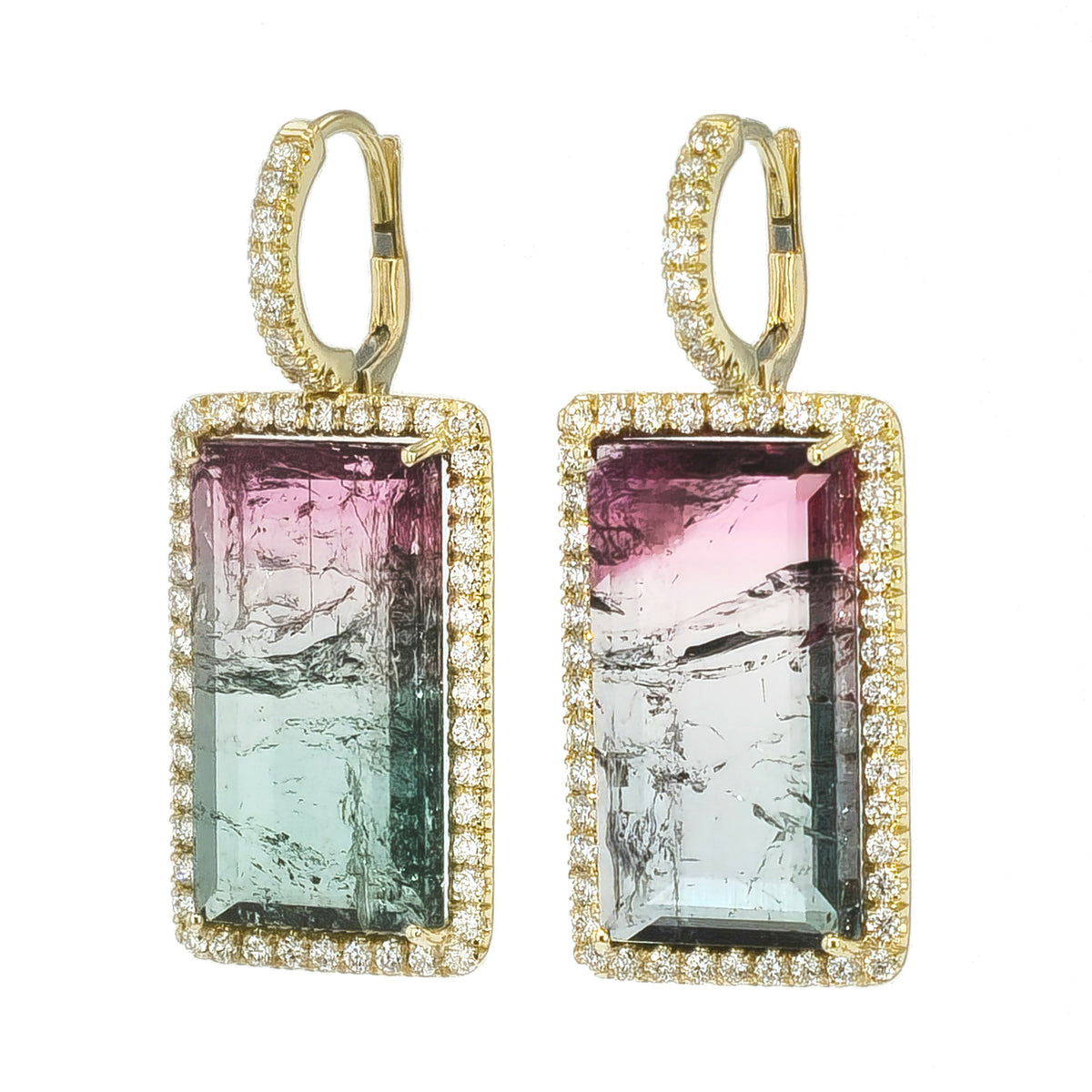 Bi-Color Tourmaline Yellow Gold Diamond Pave Drop Earrings - Alternate View 2