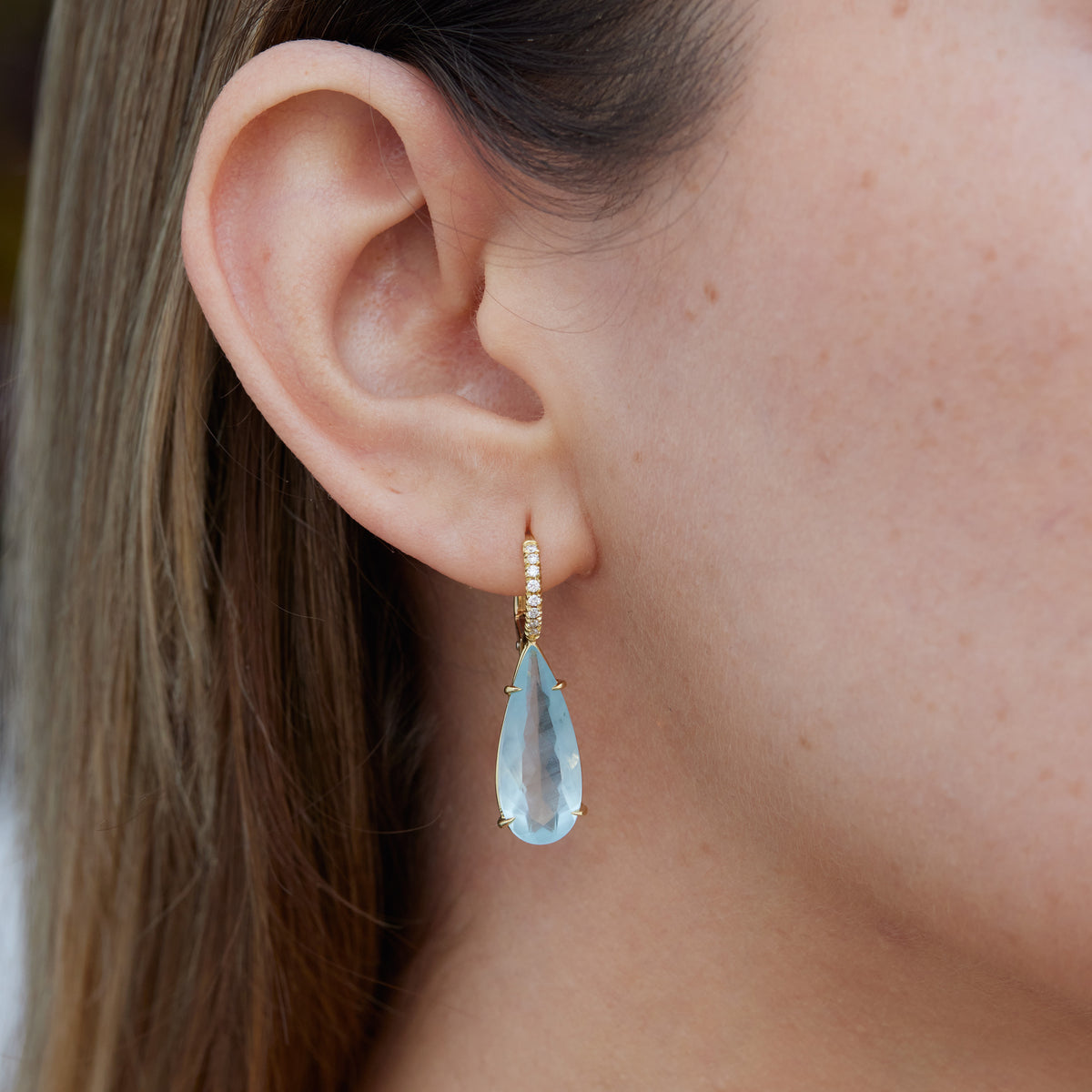 Milky Aquamarine Yellow Gold Diamond Pave Drop Earrings - Alternate View 2