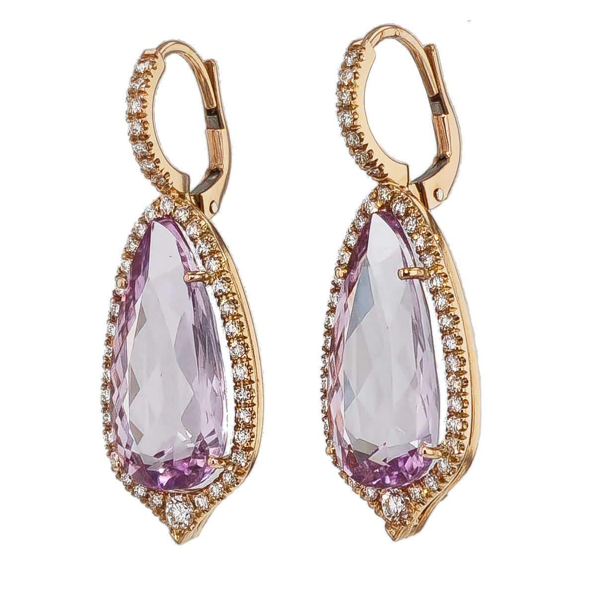 Kunzite Rose Gold Diamond Pave Drop Earrings - Alternate View 1