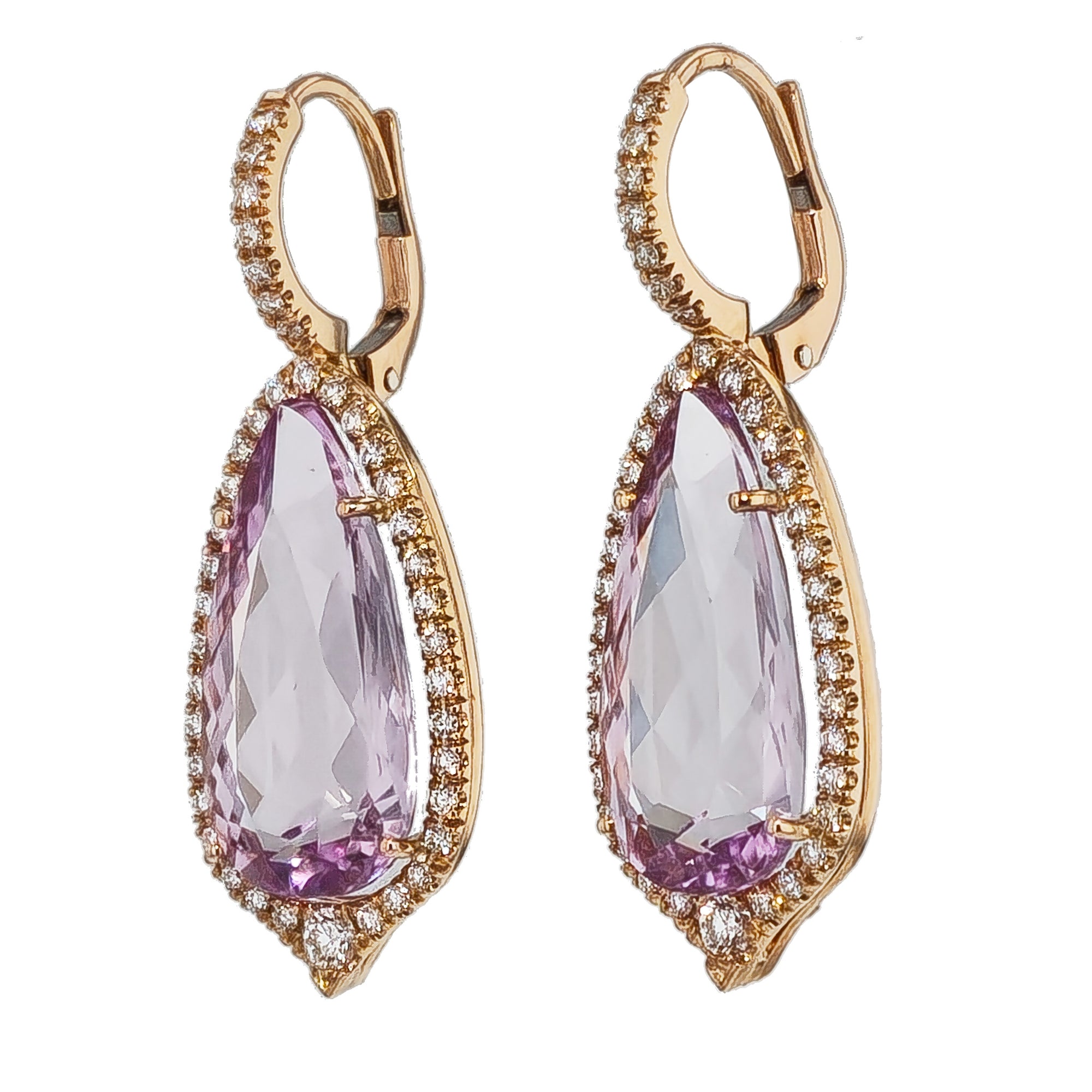 Kunzite Rose Gold Diamond Pave Drop Earrings Earrings H&amp;H Jewels