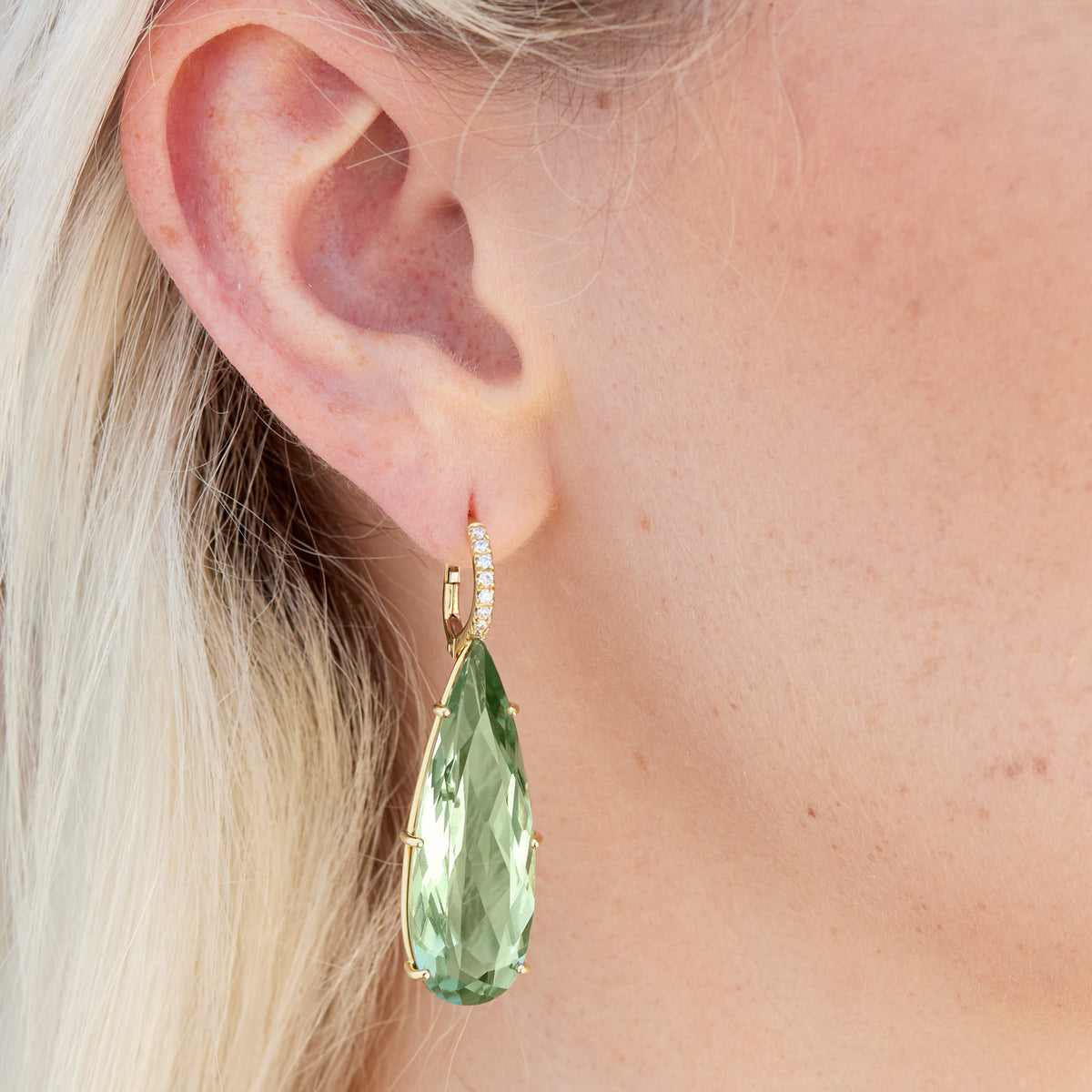 Prasolite Yellow Gold Diamond Pave Drop Earrings - Alternate View 2