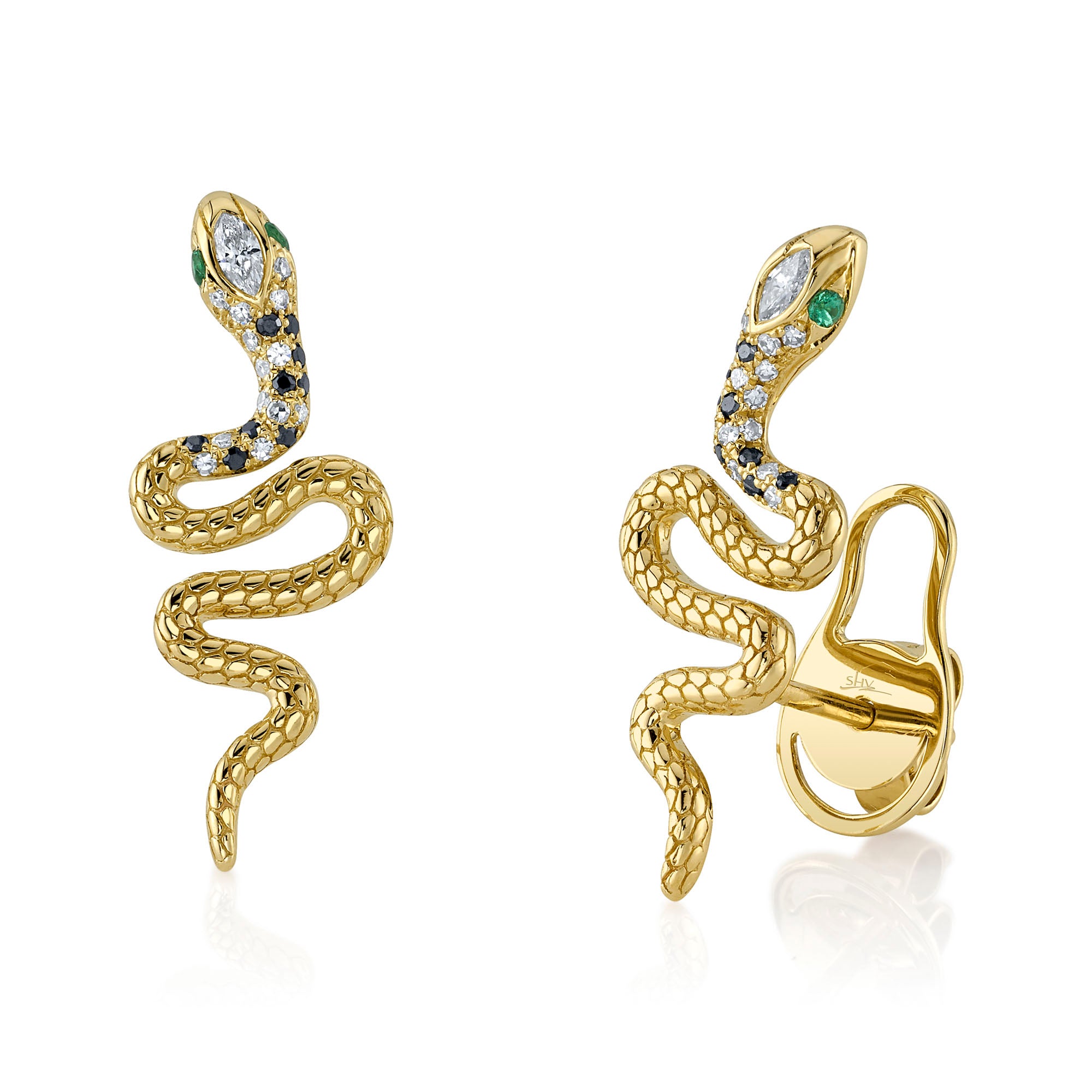 Yellow Gold Diamond Emerald Snake Stud Earrings Earrings Gift Giving