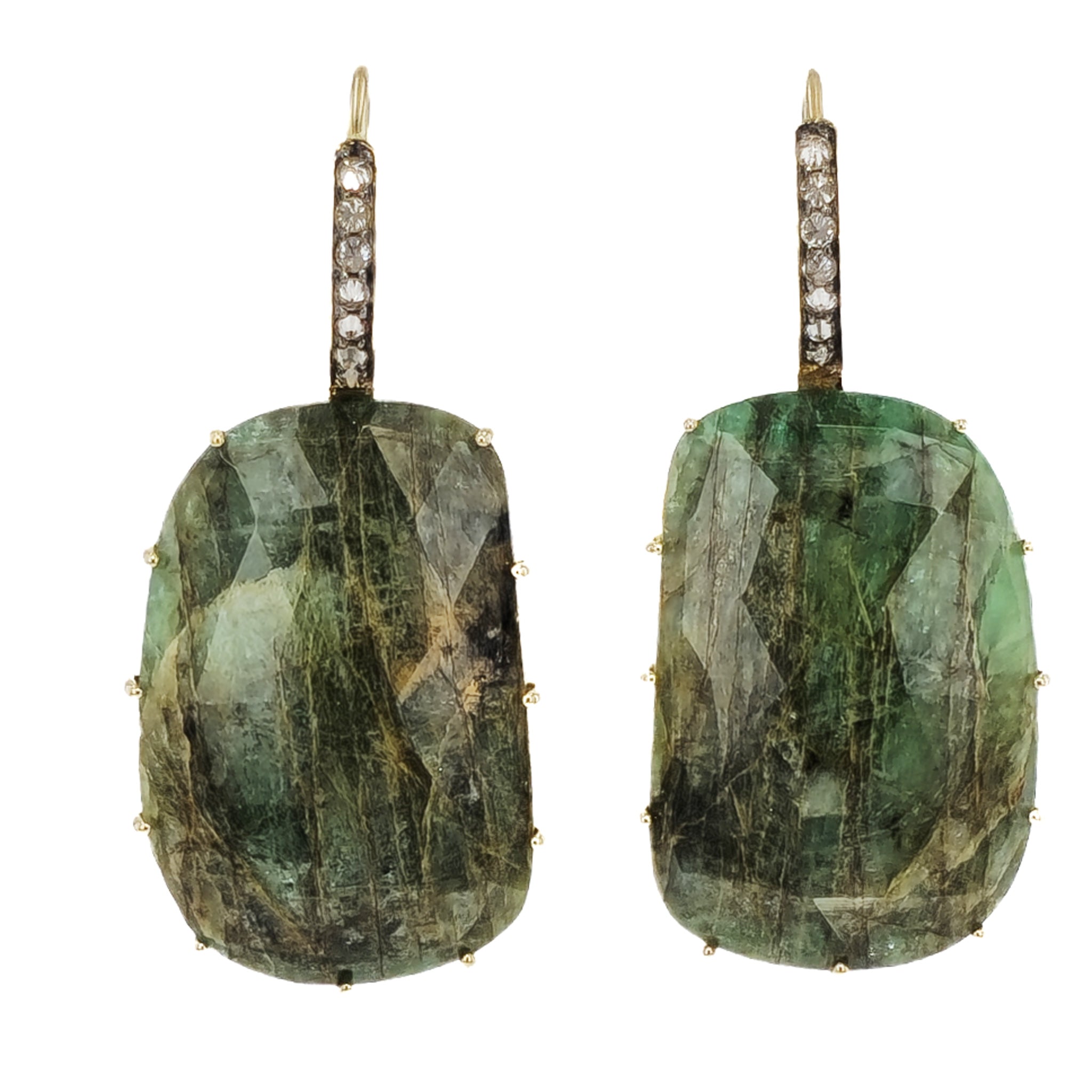 Natural Emerald Slice &amp; Spiked Diamond Pave Drop Earrings Earrings H&amp;H Jewels