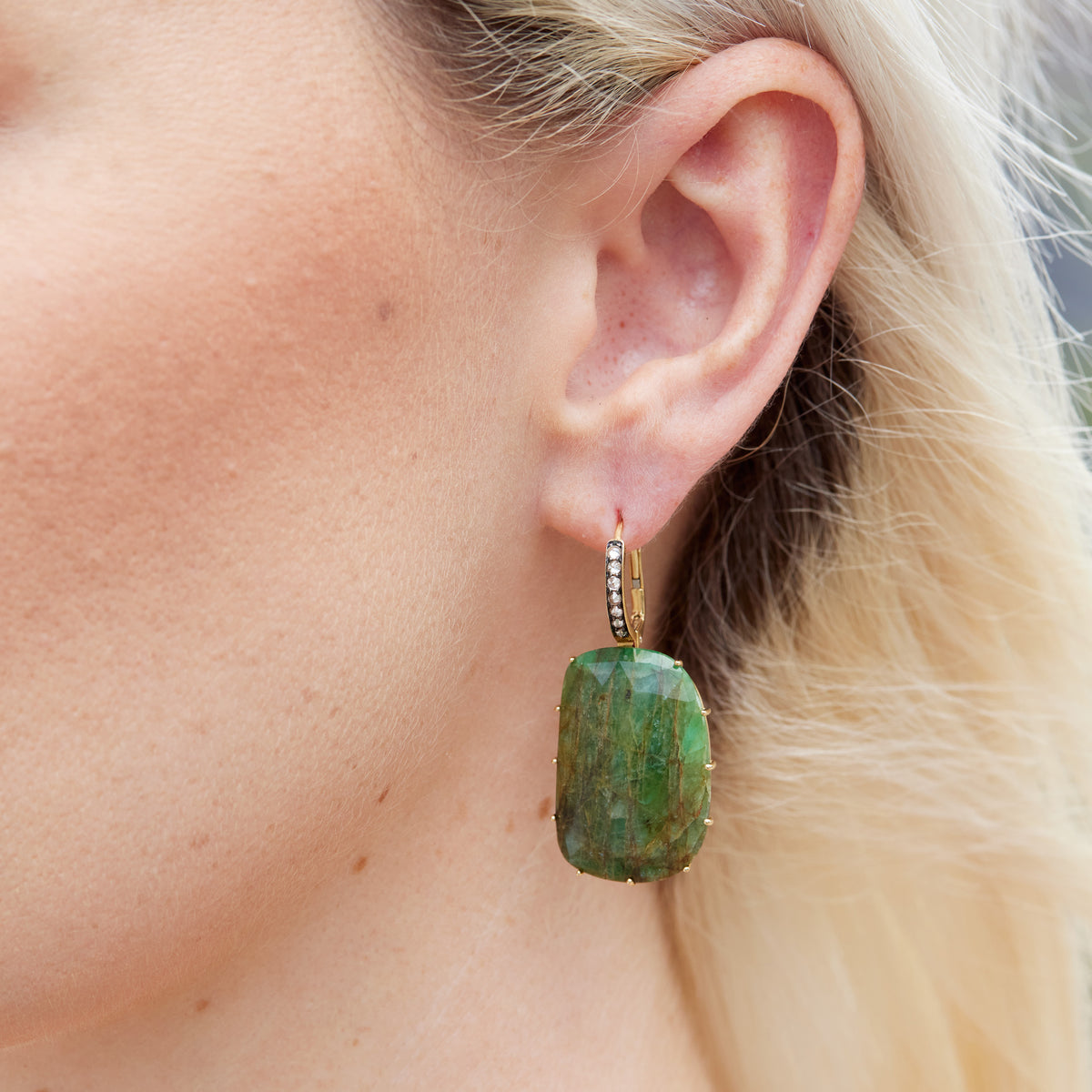 Natural Emerald Slice & Spiked Diamond Pave Drop Earrings - Alternate View 2
