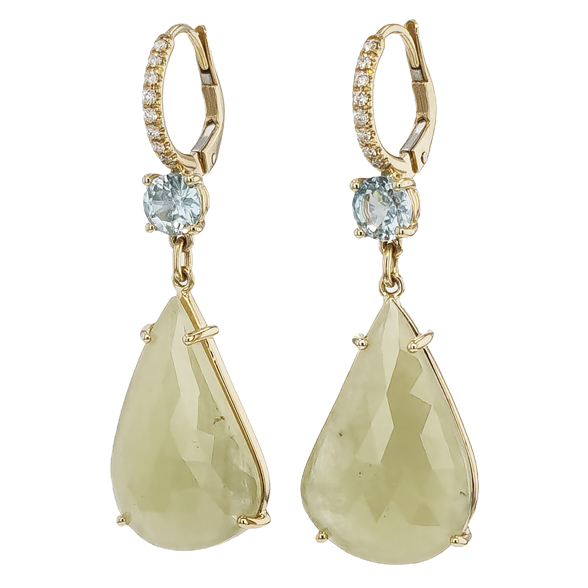 Yellow-Green Sapphire Blue Zircon Yellow Gold Diamond Pave Drop Earrings Earrings H&amp;H Jewels