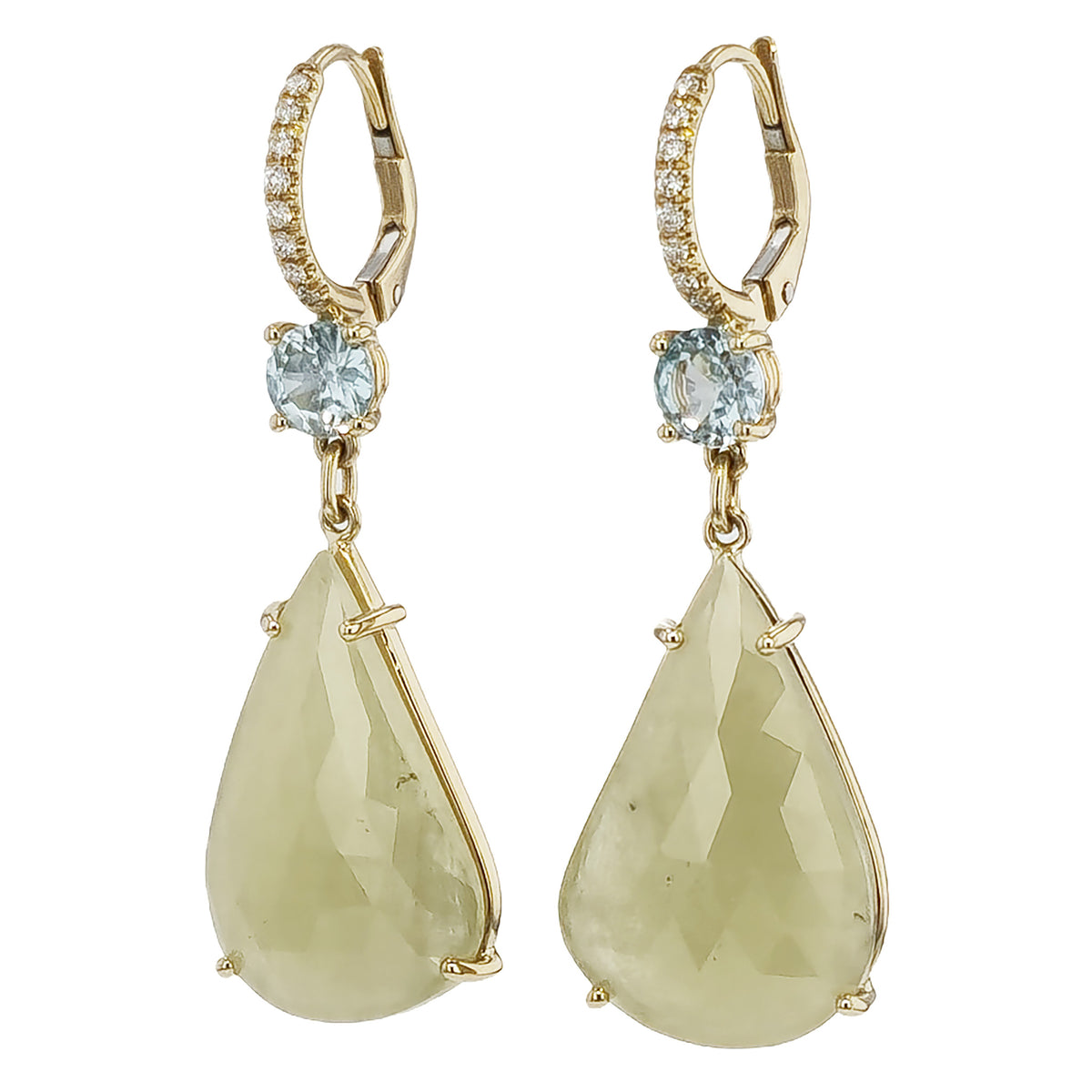 Yellow-Green Sapphire Blue Zircon Yellow Gold Diamond Pave Drop Earrings - Alternate View 2