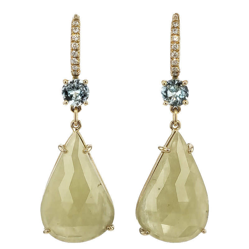 Yellow-Green Sapphire Blue Zircon Yellow Gold Diamond Pave Drop Earrings Earrings H&H Jewels