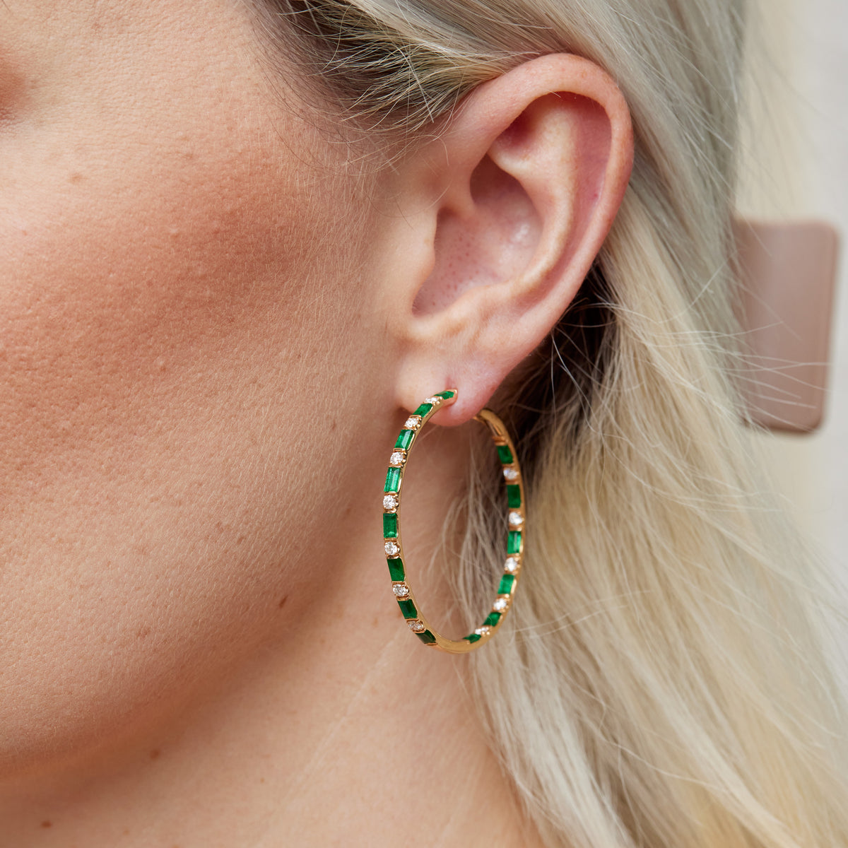 Emerald and Diamond Rose Gold Hoop Earrings - Alternate View 2