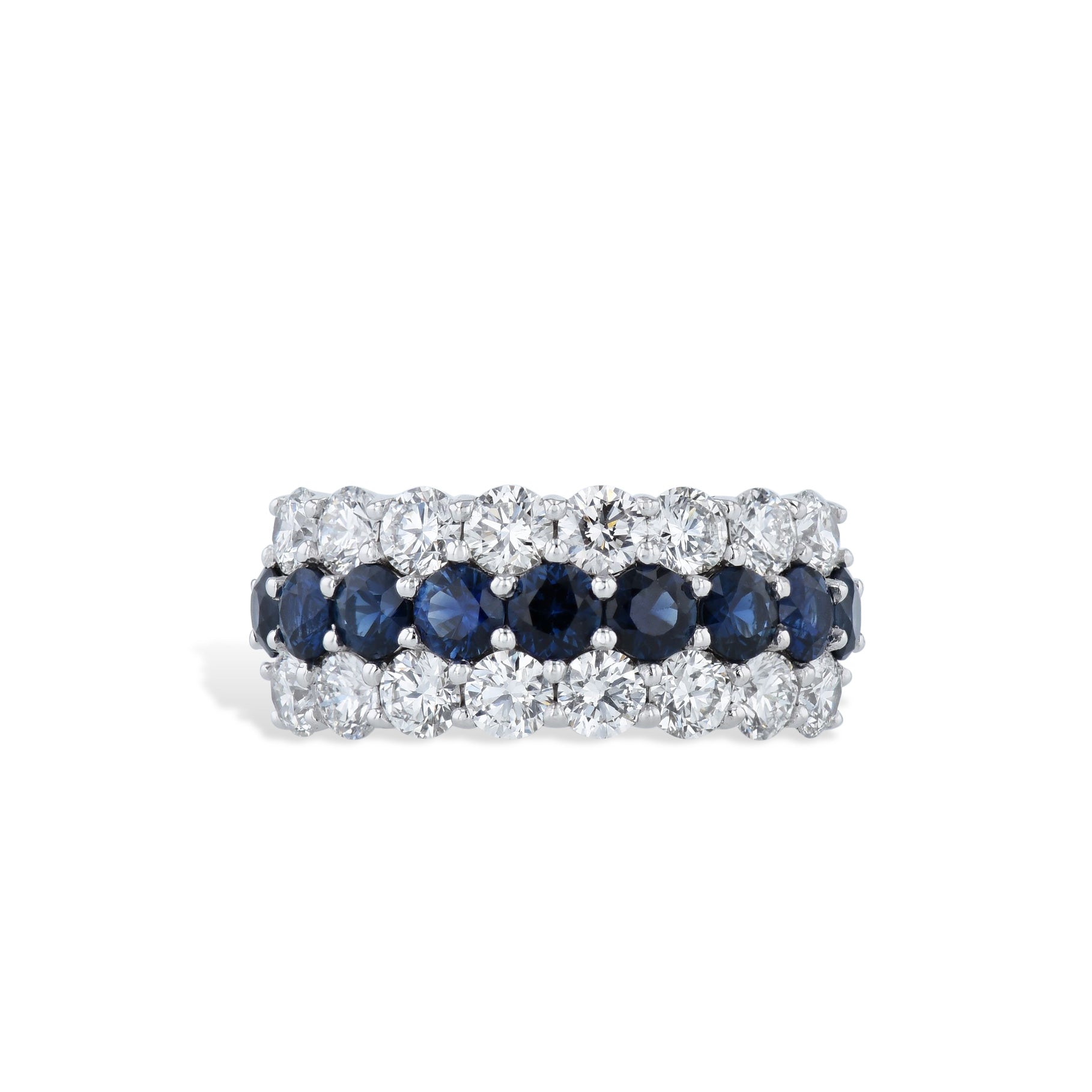 Diamond and Sapphire 3 Row Platinum Band Rings H&amp;H Jewels