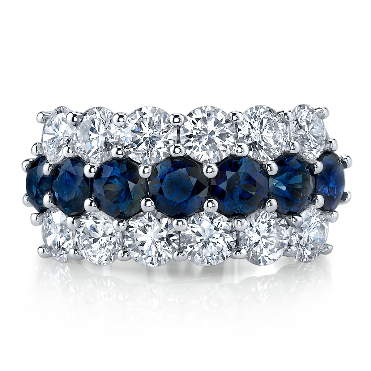 Diamond and Sapphire 3 Row Platinum Band Rings H&H Jewels