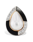 Mother of Pearl And Onyx 14K Yellow Gold Pave Diamond Estate Ring Rings Estate & Vintage